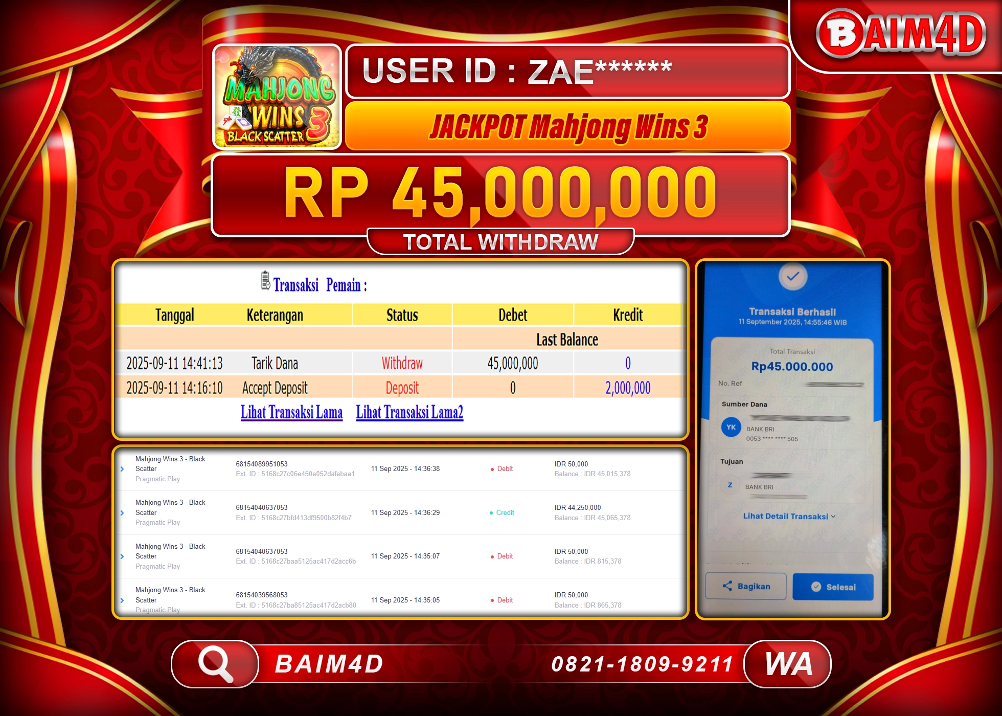 BAIM4D JACKPOT MAHJONG WINS 3 BLACK SCATTER Rp.45,000,000.- LUNAS