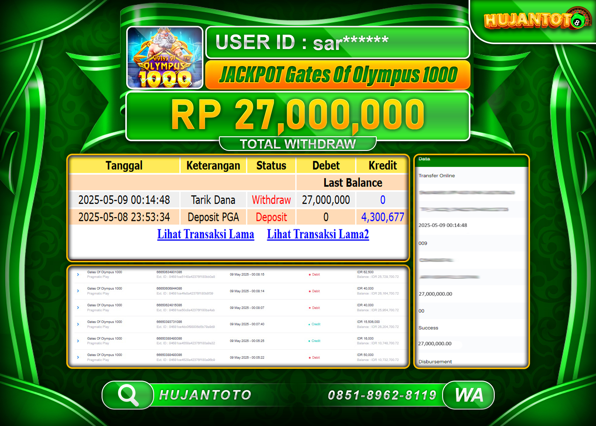 HUJANTOTO - BUKTI JACKPOT MENANG GATES OF OLYMPUS 1000 Rp,27,000,000- TERBAYAR LUNAS