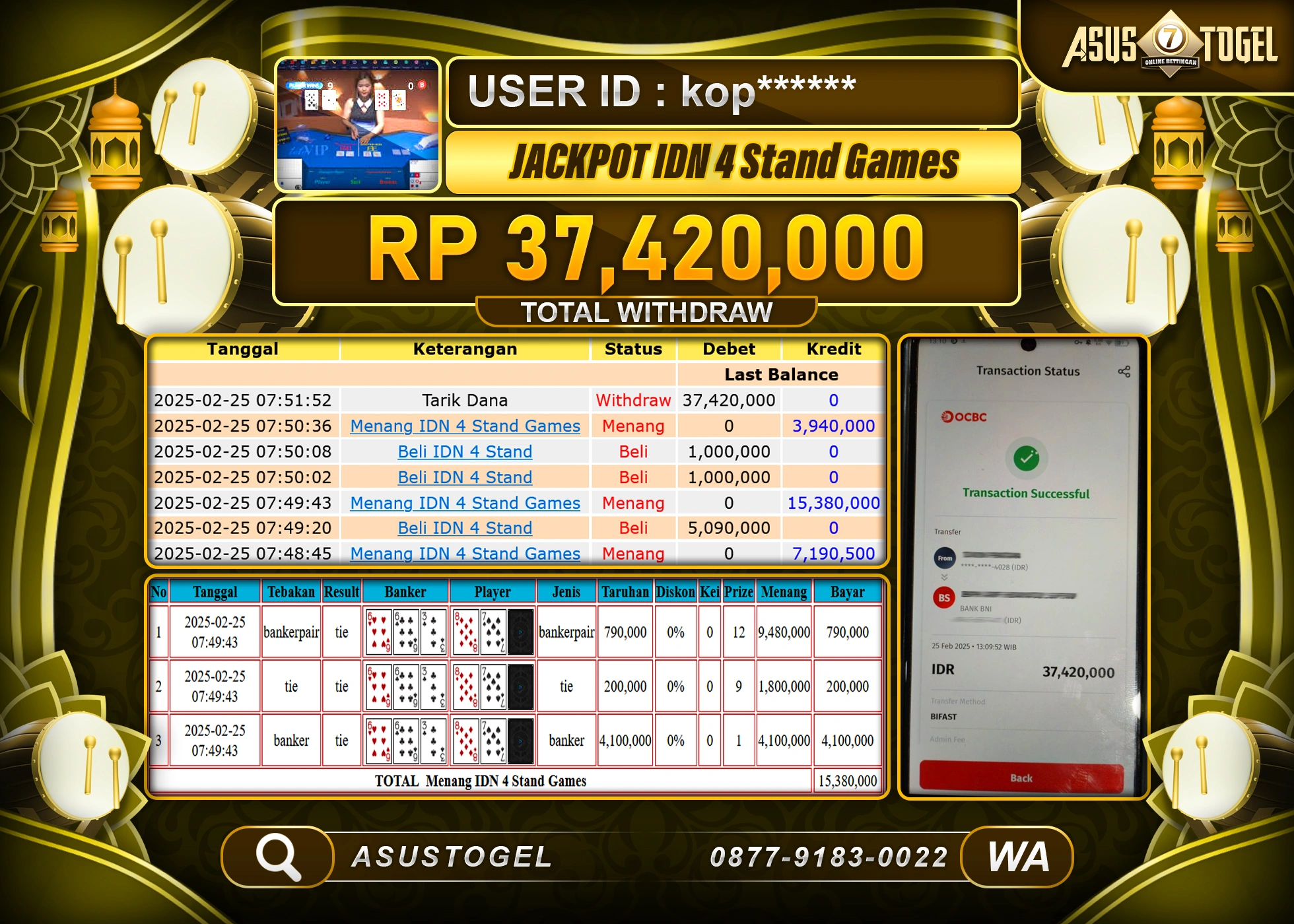 ASUSTOGEL KEMENANGAN DI IDN 4 STAND GAMES SEBESAR 37,420,000 - RUPIAH LUNAS