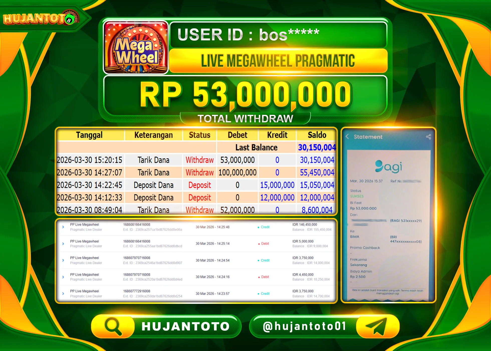 HUJANTOTO - BUKTI JACKPOT MENANG LIVEGAMES MEGAWHEEL  Rp.53,000,000 - TERBAYAR LUNAS