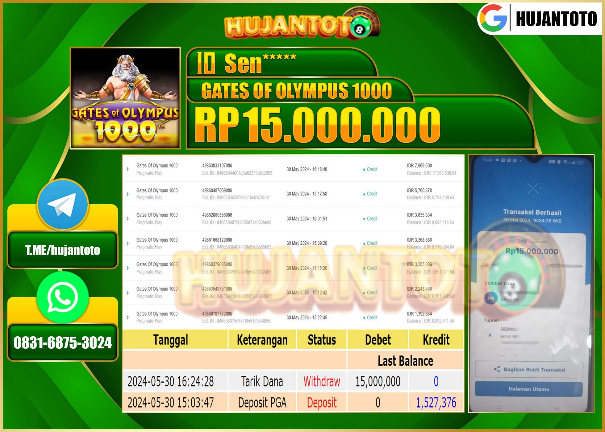 HUJANTOTO MENANG SLOT MANIA OLYMPUS  15,000,000 - LUNAS