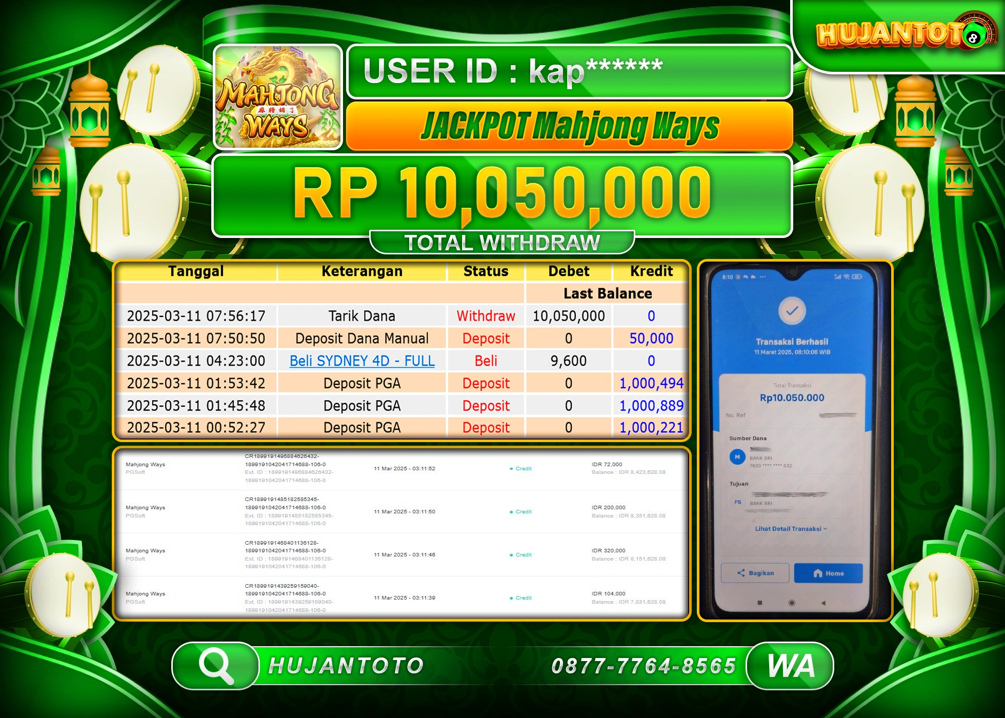 HUJANTOTO - BUKTI JACKPOT MENANG SLOT MAHJONG WAYS Rp,10,050,000 - TERBAYAR LUNAS