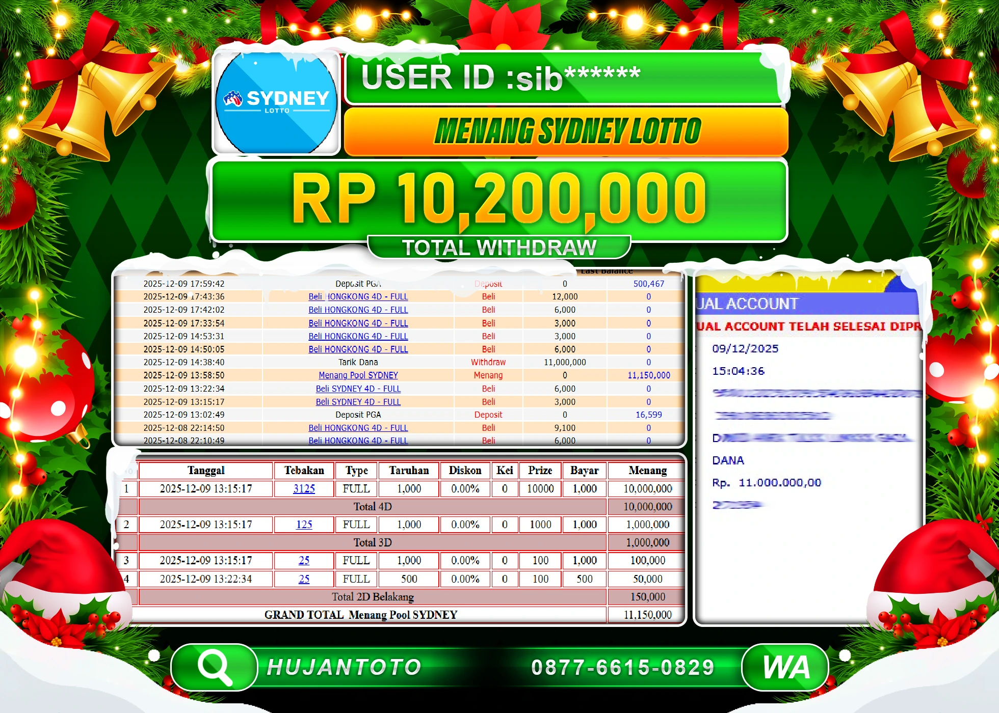 HUJANTOTO - BUKTI JACKPOT MENANG TOGEL PASARAN SYDNEY LOTTO Rp.10,200,000 - TERBAYAR LUNAS