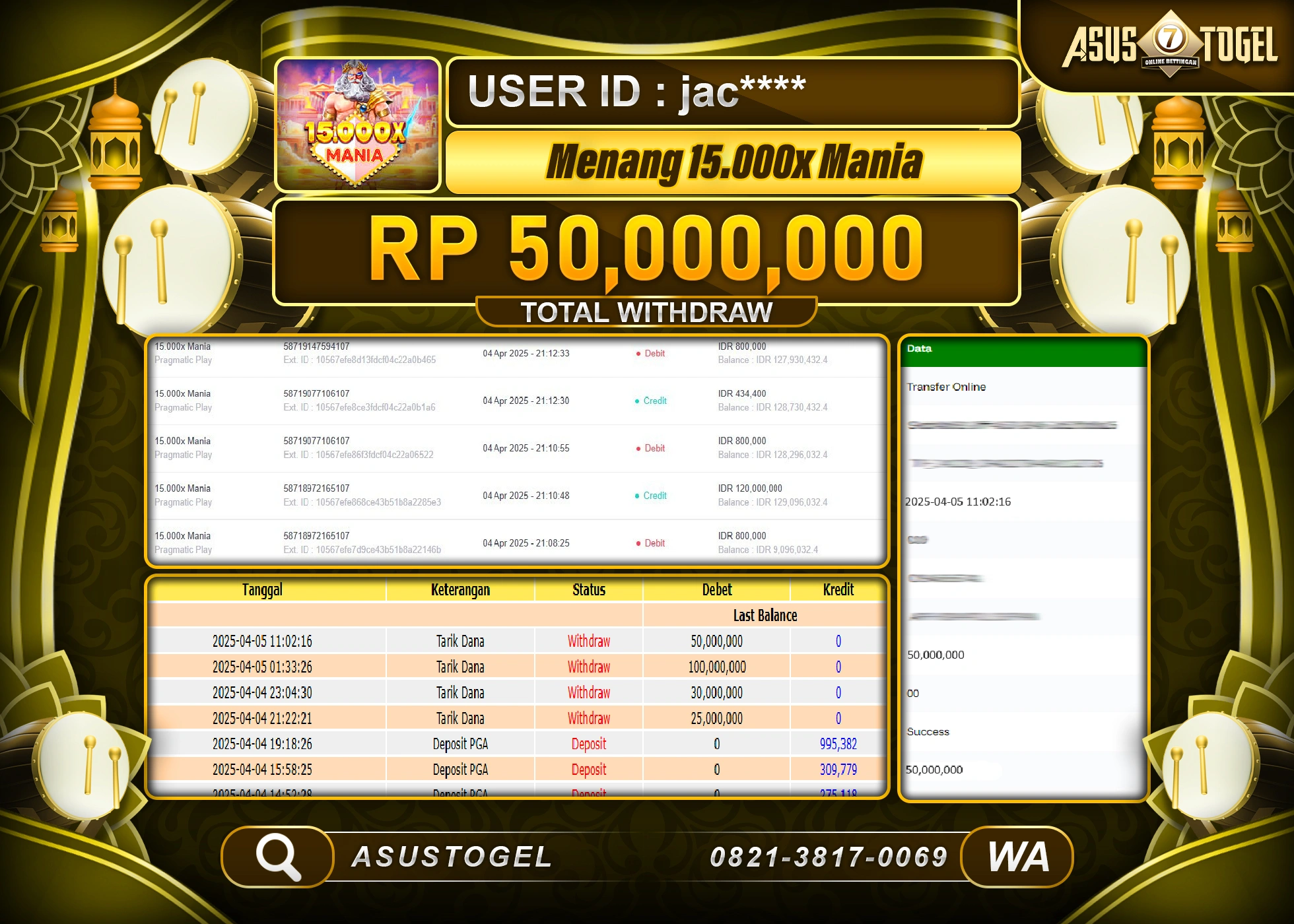 ASUSTOGEL KEMENANGAN DI SLOT 15.000X MANIA GAMES SEBESAR 50,000,000- RUPIAH LUNAS