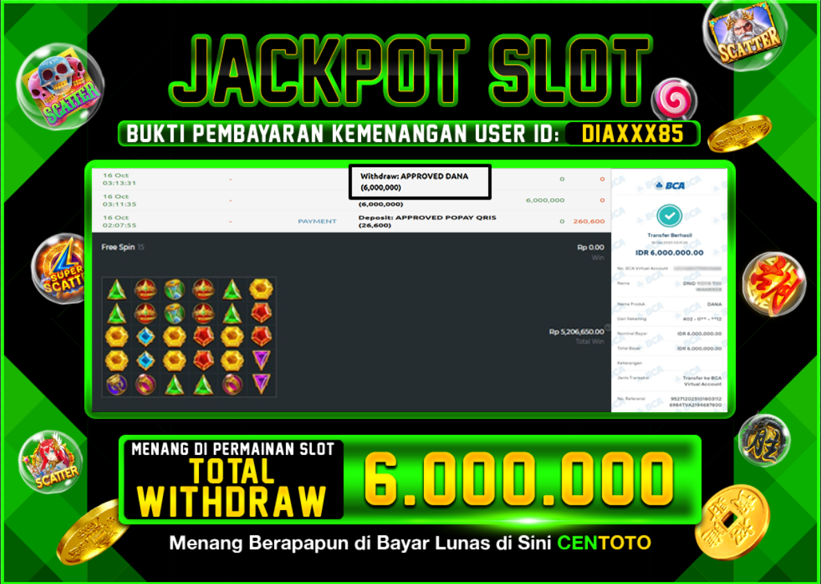 BUKTI JACKPOT SLOT CENTOTO RP.6.000.000,-LUNAS