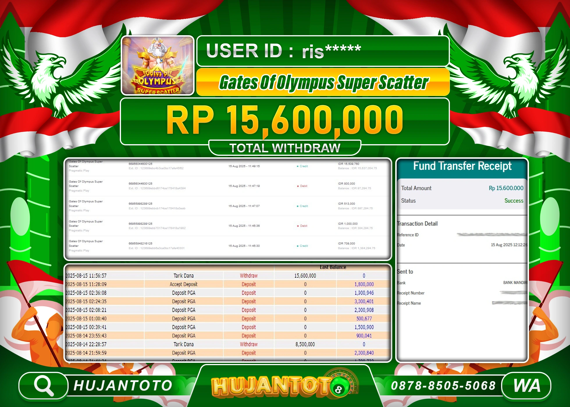 HUJANTOTO - BUKTI JACKPOT MENANG SLOT GATES OF OLYMPUS SUPER SCETTER Rp.15,600,000 - TERBAYAR LUNAS