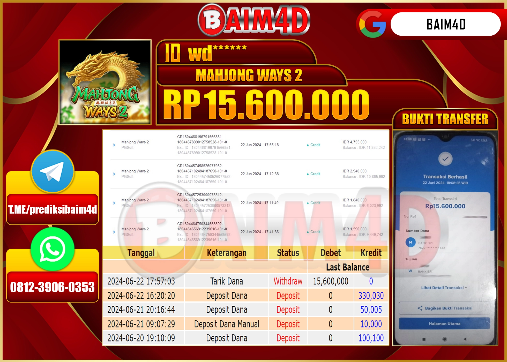 BAIM4D JACKPOT MAHJONG WAYS 2 Rp.15,600,000.- LUNAS