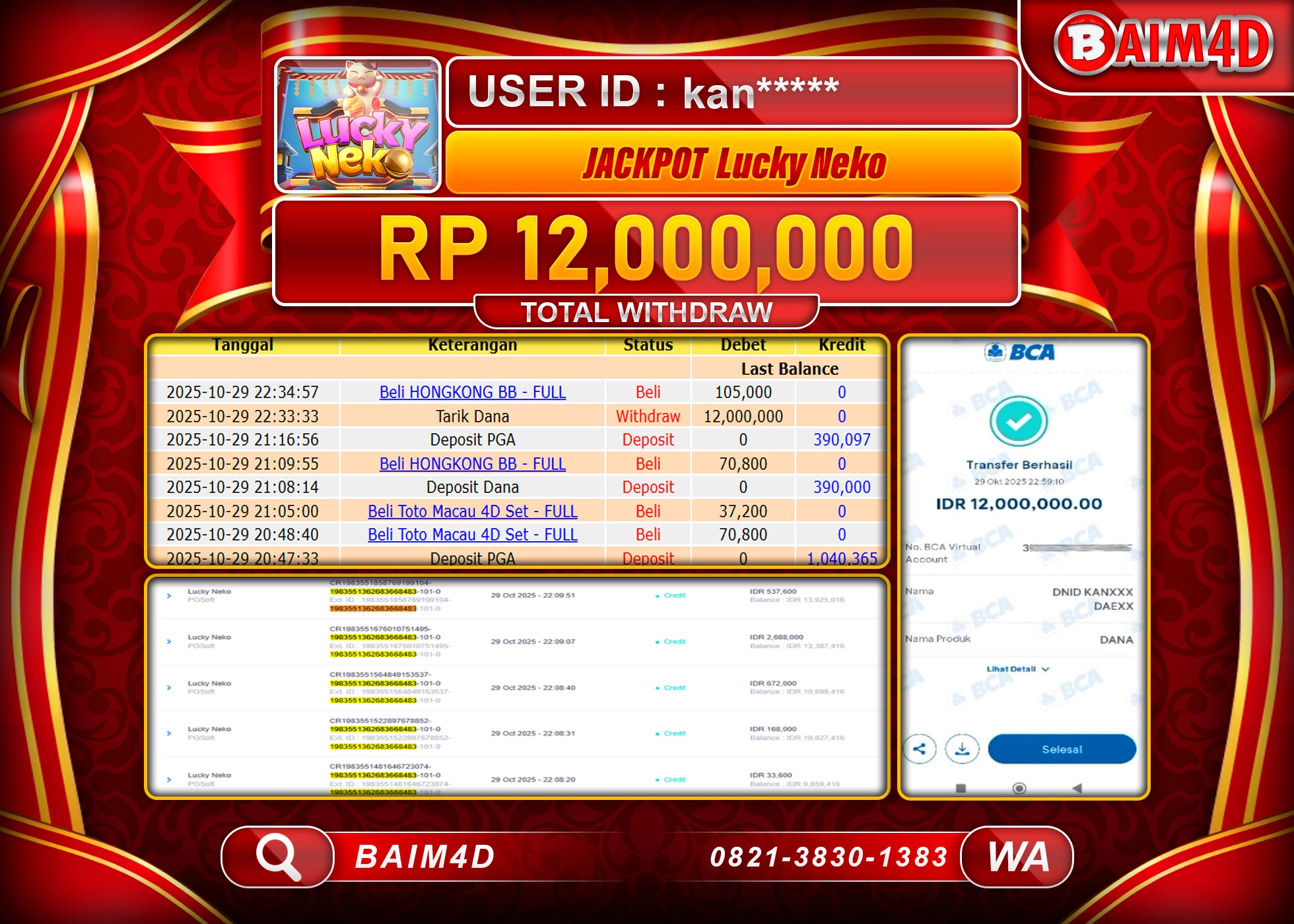 BAIM4D JACKPOT SLOT LUCKY NEKO PG SOFT Rp.12,000,000 - LUNAS