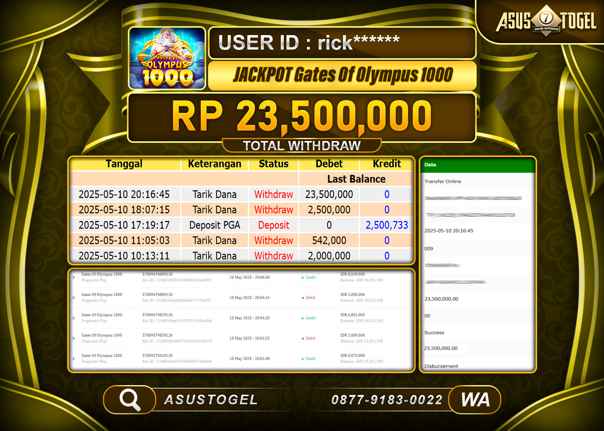 ASUSTOGEL KEMENANGAN DI SLOT GAME GATES OF OLYMPUS 1000 SEBESAR 23,500,000- RUPIAH LUNAS