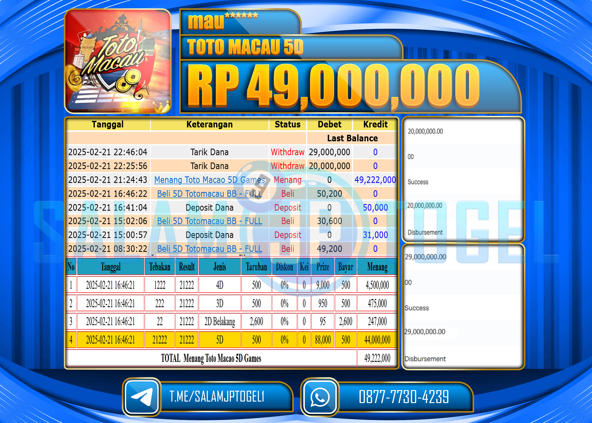 SALAMJPTOGEL MENANG TOGEL TOTO MACAU 5D Rp. 49,000,000  LUNAS