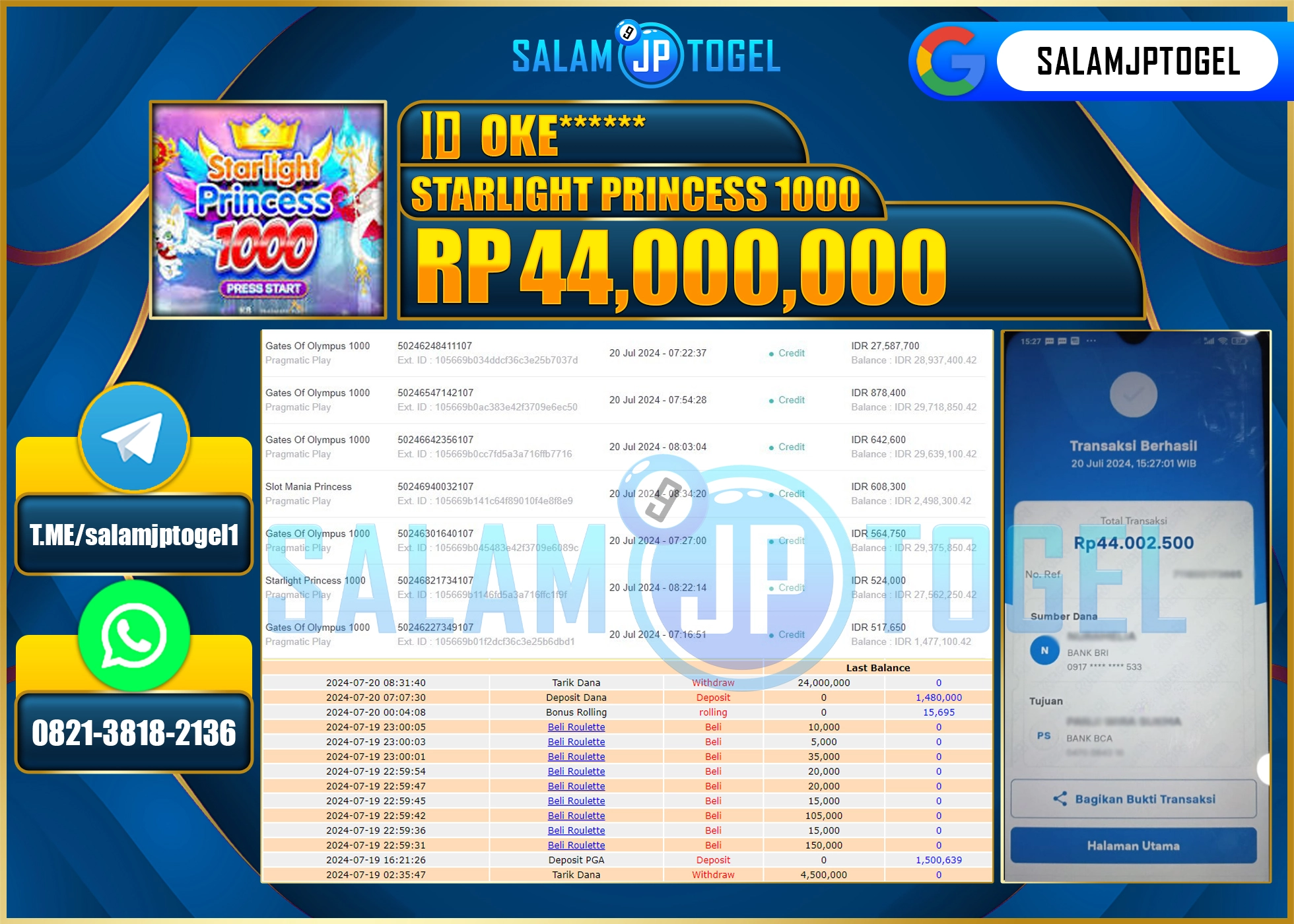 SALAMJPTOGEL MENANG STARLIGHT PRINCESS 1000 RP. 44,000,000.,LUNAS