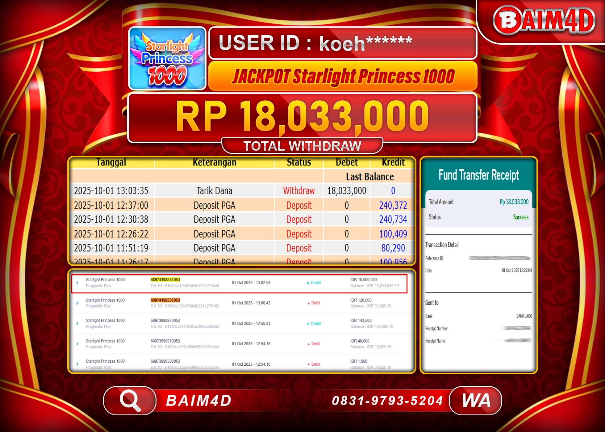 BAIM4D JACKPOT SLOT STARLIGHT PRINCESS 1000 Rp.18,033,000.- LUNAS
