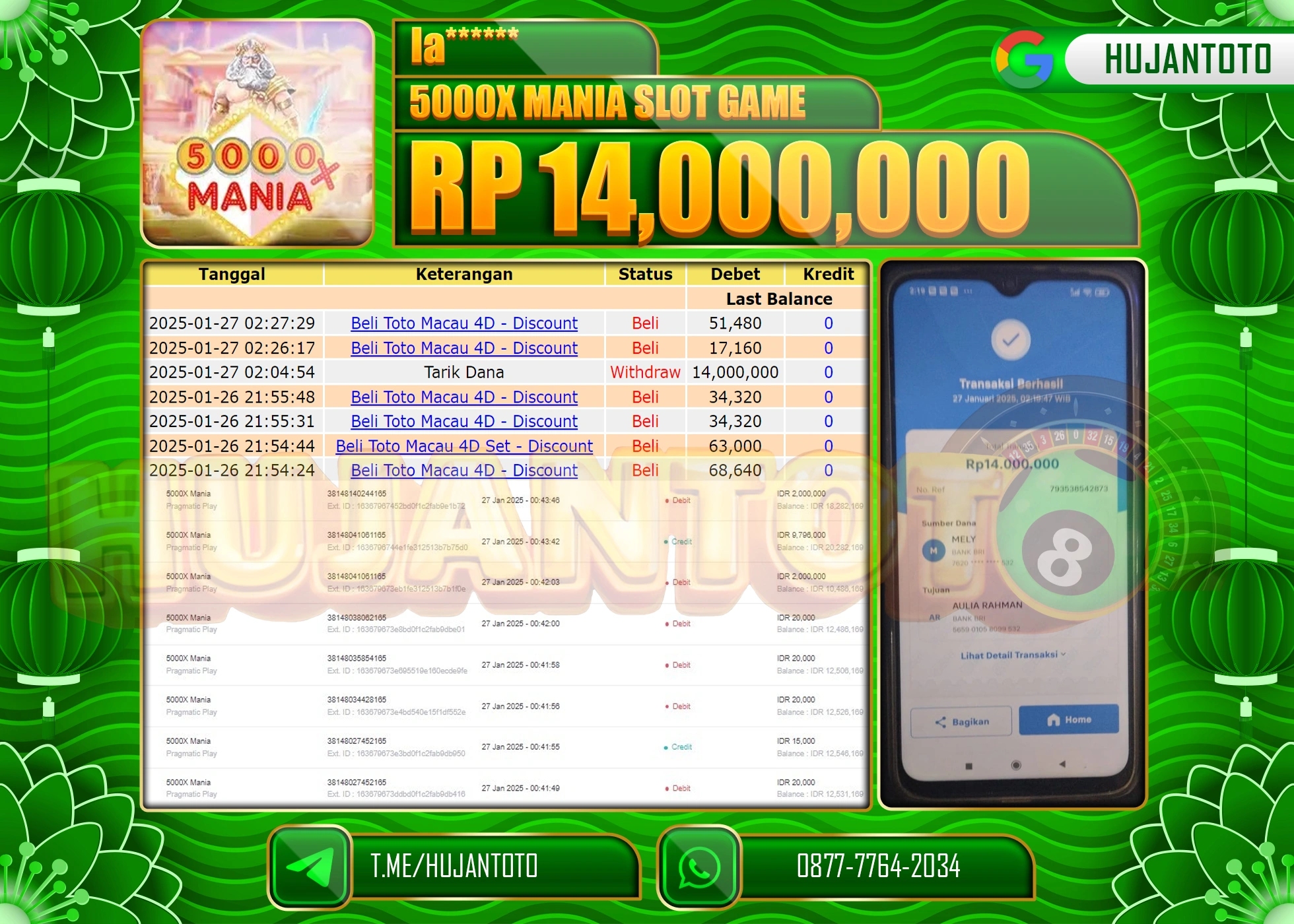 HUJANTOTO - BUKTI JACKPOT MENANG 5000X MANIA SLOT GAME Rp,14,000,000 - TERBAYAR LUNAS