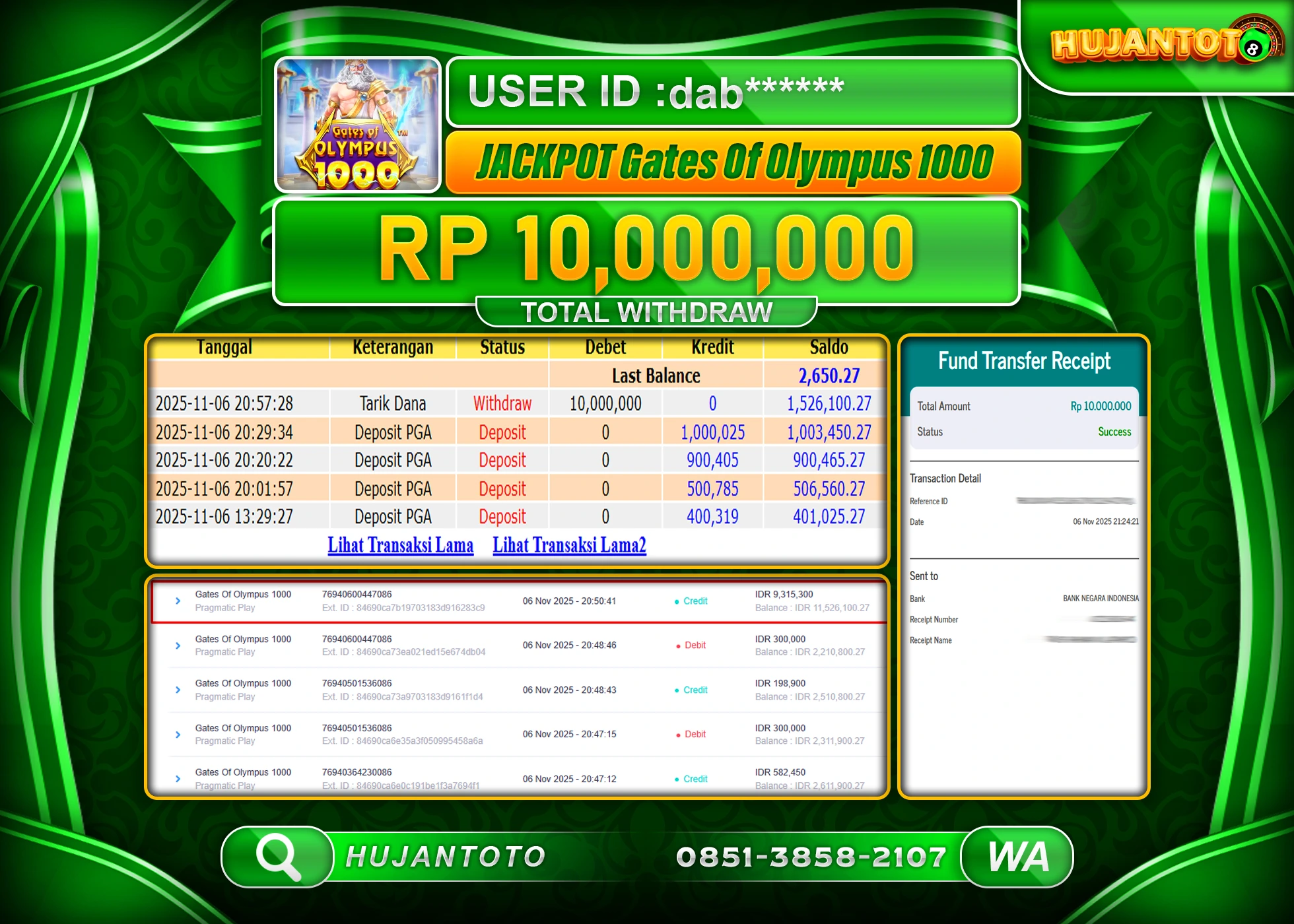 HUJANTOTO - BUKTI JACKPOT MENANG SLOT GATES OF OLYMPUS 1000 Rp.10,000,000 - TERBAYAR LUNAS
