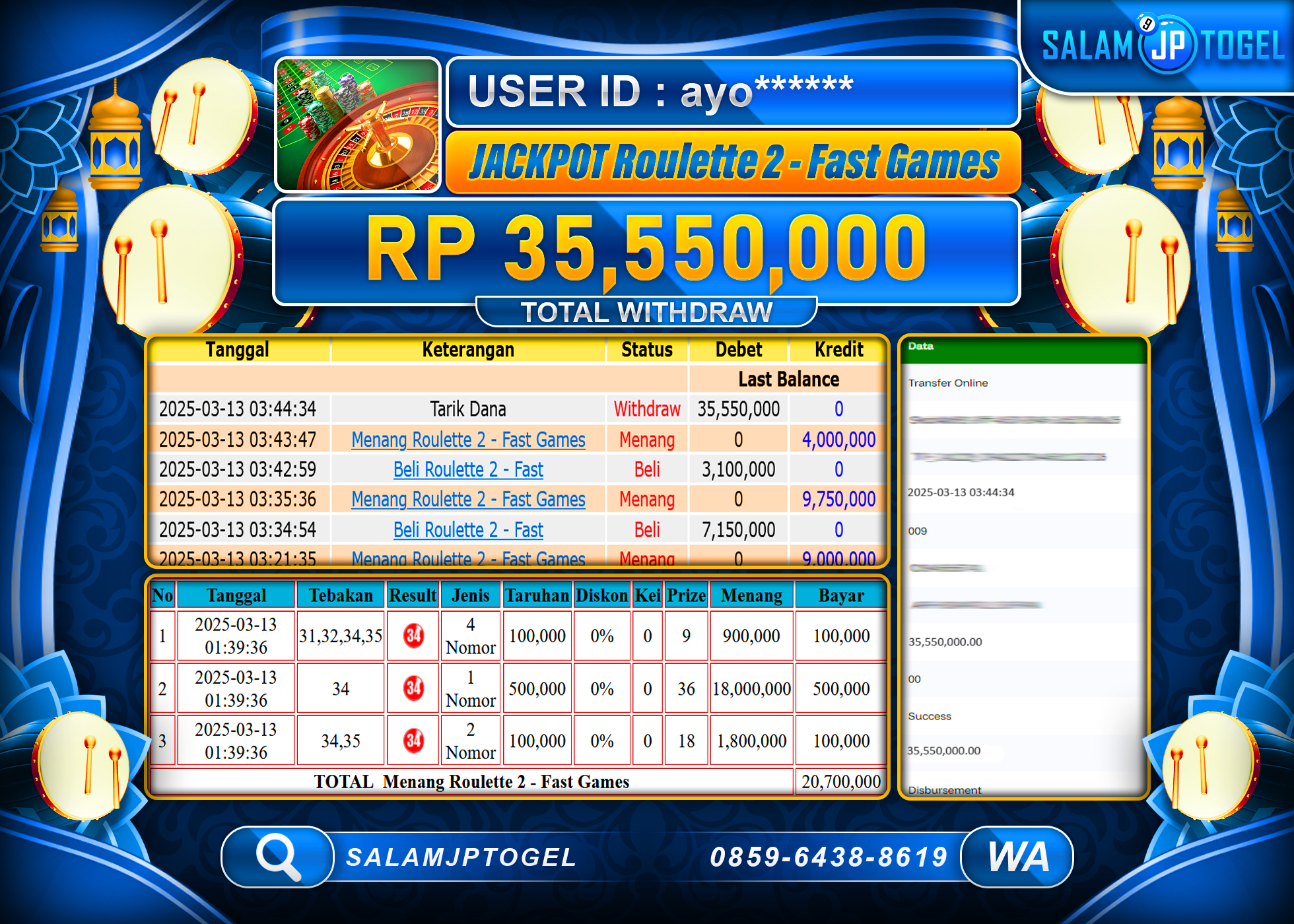 SALAMJPTOGEL MENANG ROULETTE 2 FAST Rp. 35,550,000 LUNAS