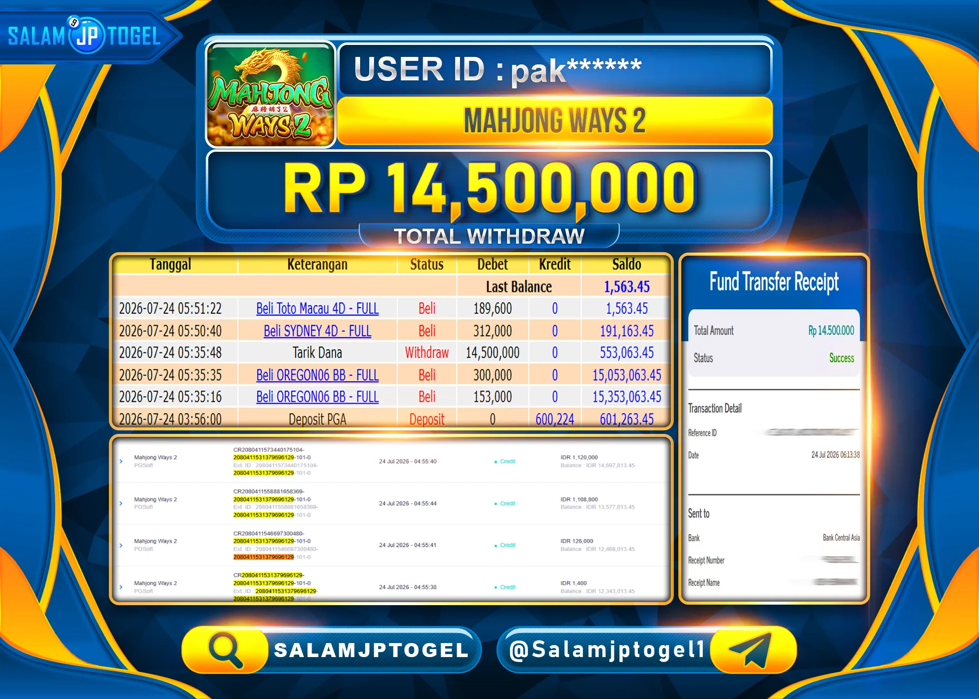 SALAMJPTOGEL JACKPOT MENANG SLOT MAHJONG WAYS 2 PG SOFT  Rp.14,500,000 - LUNAS