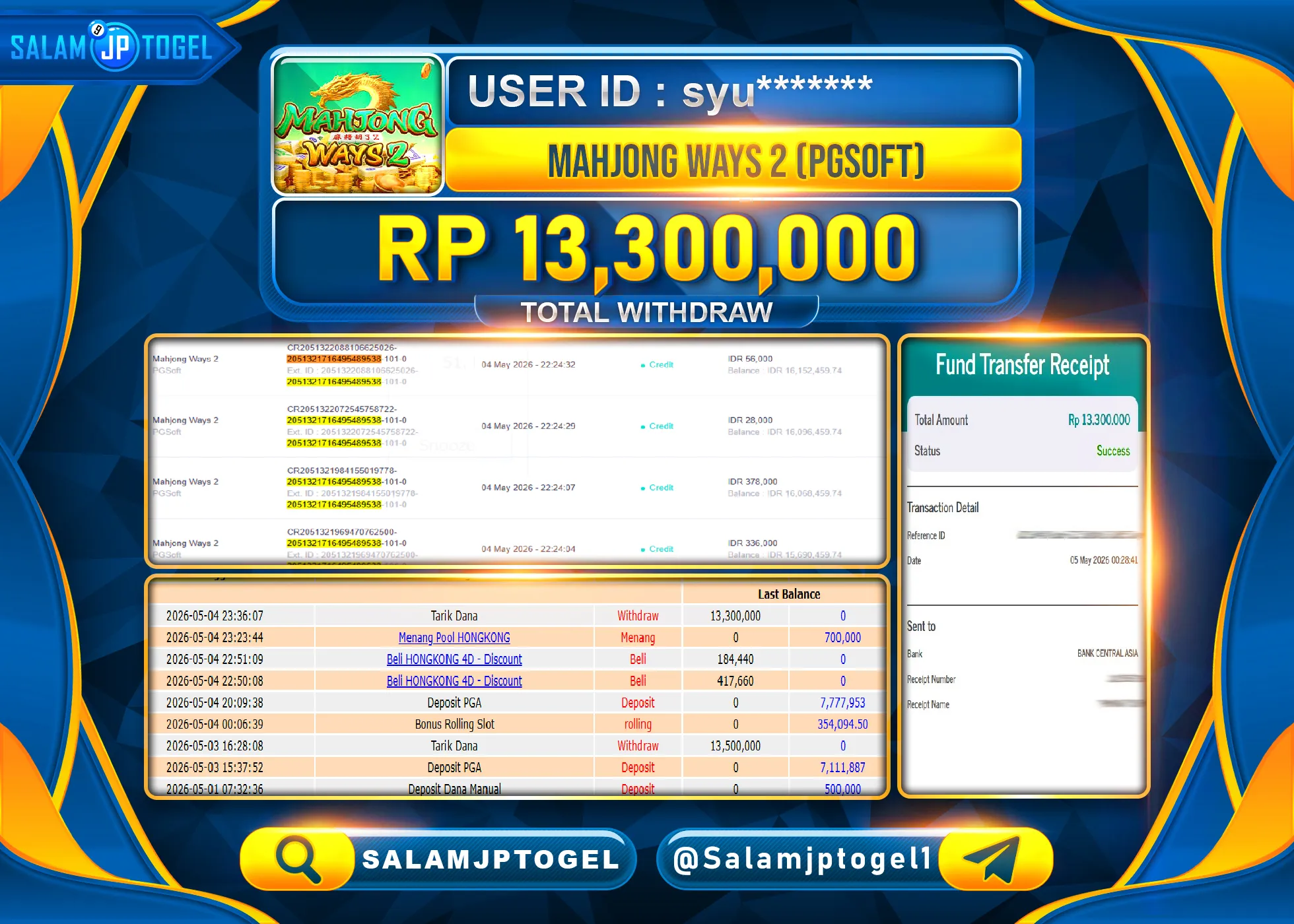 SALAMJPTOGEL MENANG JACKPOT Mahjong Ways 2 (PGSoft) Rp.13,300,000- LUNAS