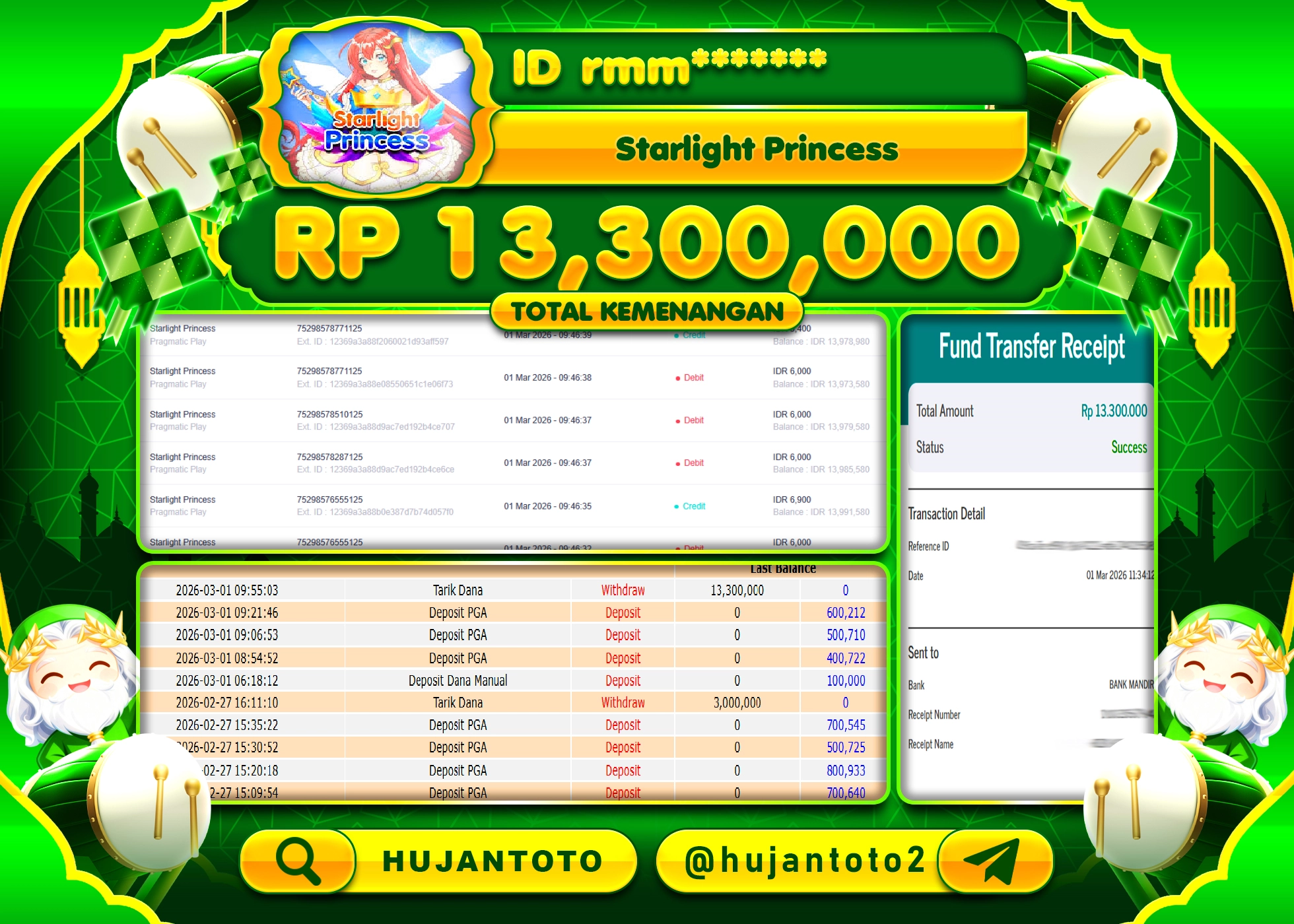 HUJANTOTO - BUKTI JACKPOT MENANG SLOT STARLIGHT PRINCESS  Rp.13,300,000 - TERBAYAR LUNAS