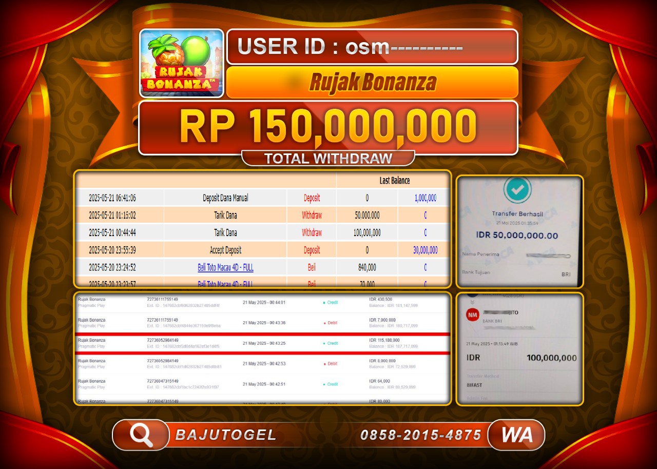 BAJUTOGEL KEMENANGAN  RUJAK BONANZA  Rp.150.000.000 LUNAS