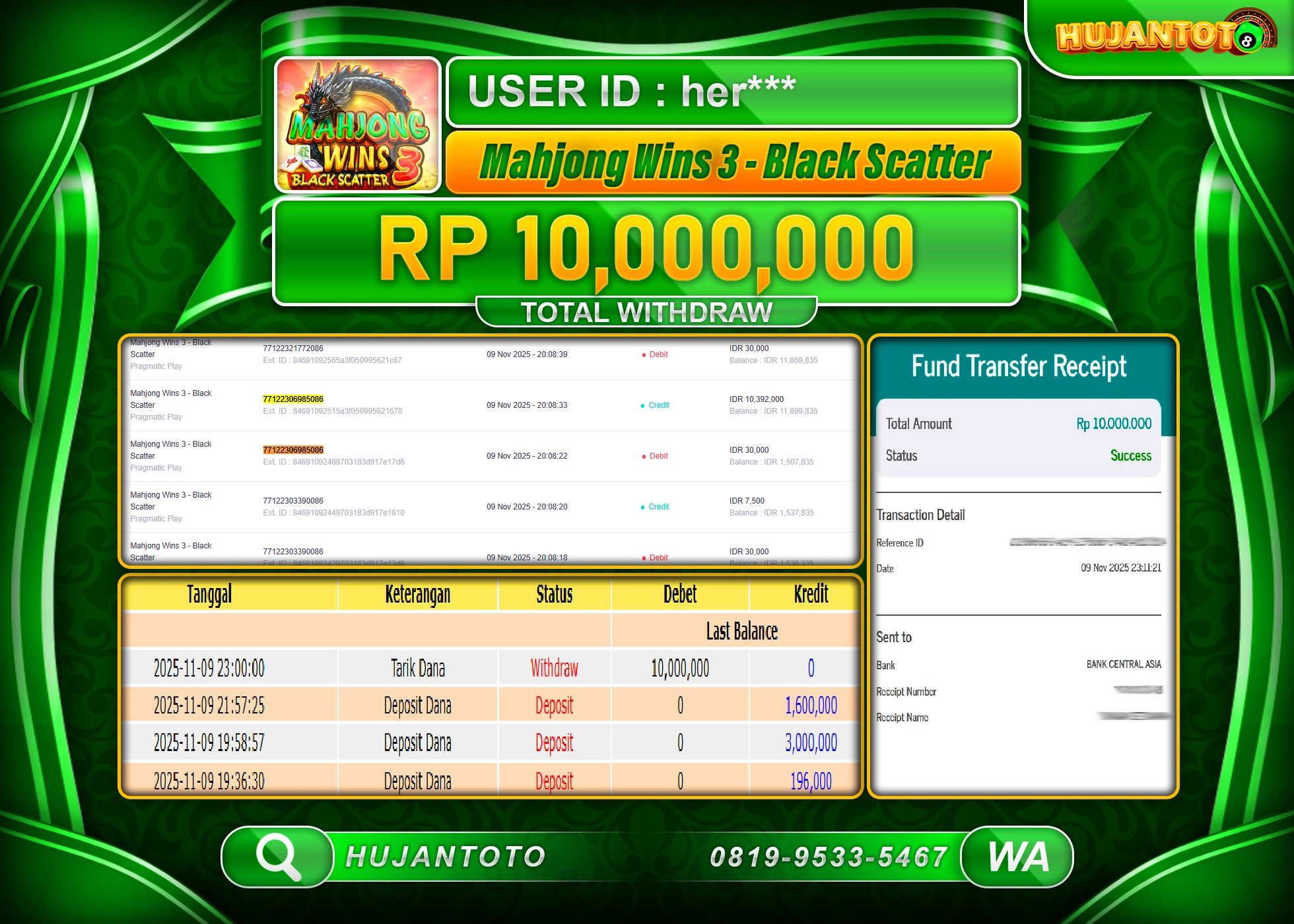 HUJANTOTO - BUKTI JACKPOT MENANG MAHJONG WINS 3 - BLACK SCATTER Rp.10,000,000 - TERBAYAR LUNAS
