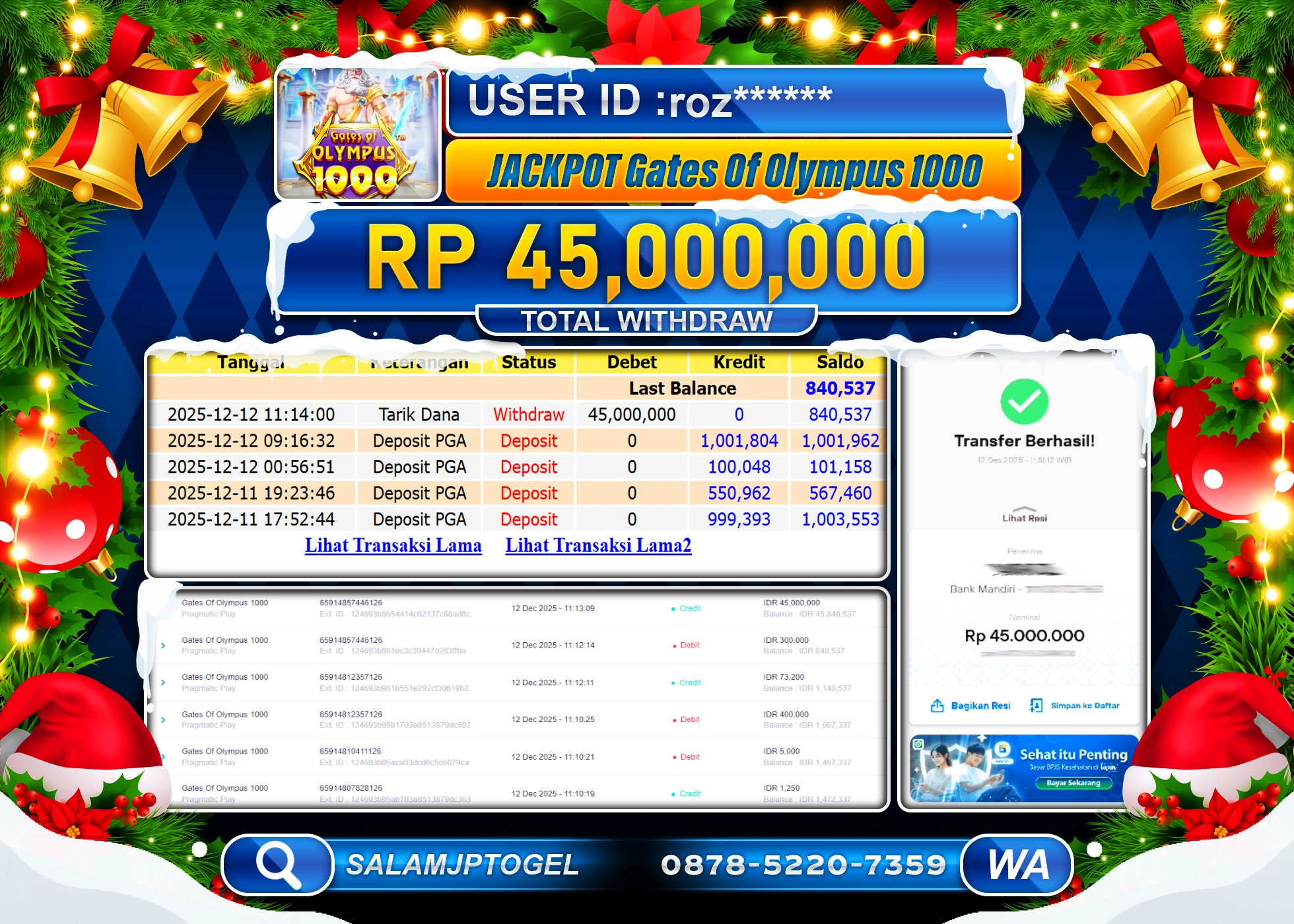 SALAMJPTOGEL MENANG GATES OF OLYMPUS 1000 Rp.45,000,000 - LUNAS