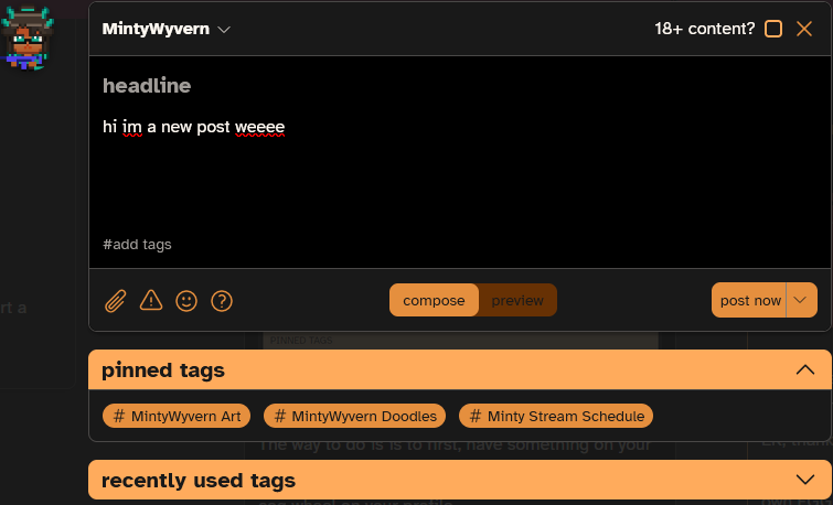 menu of a new post showing the pinned tag menu