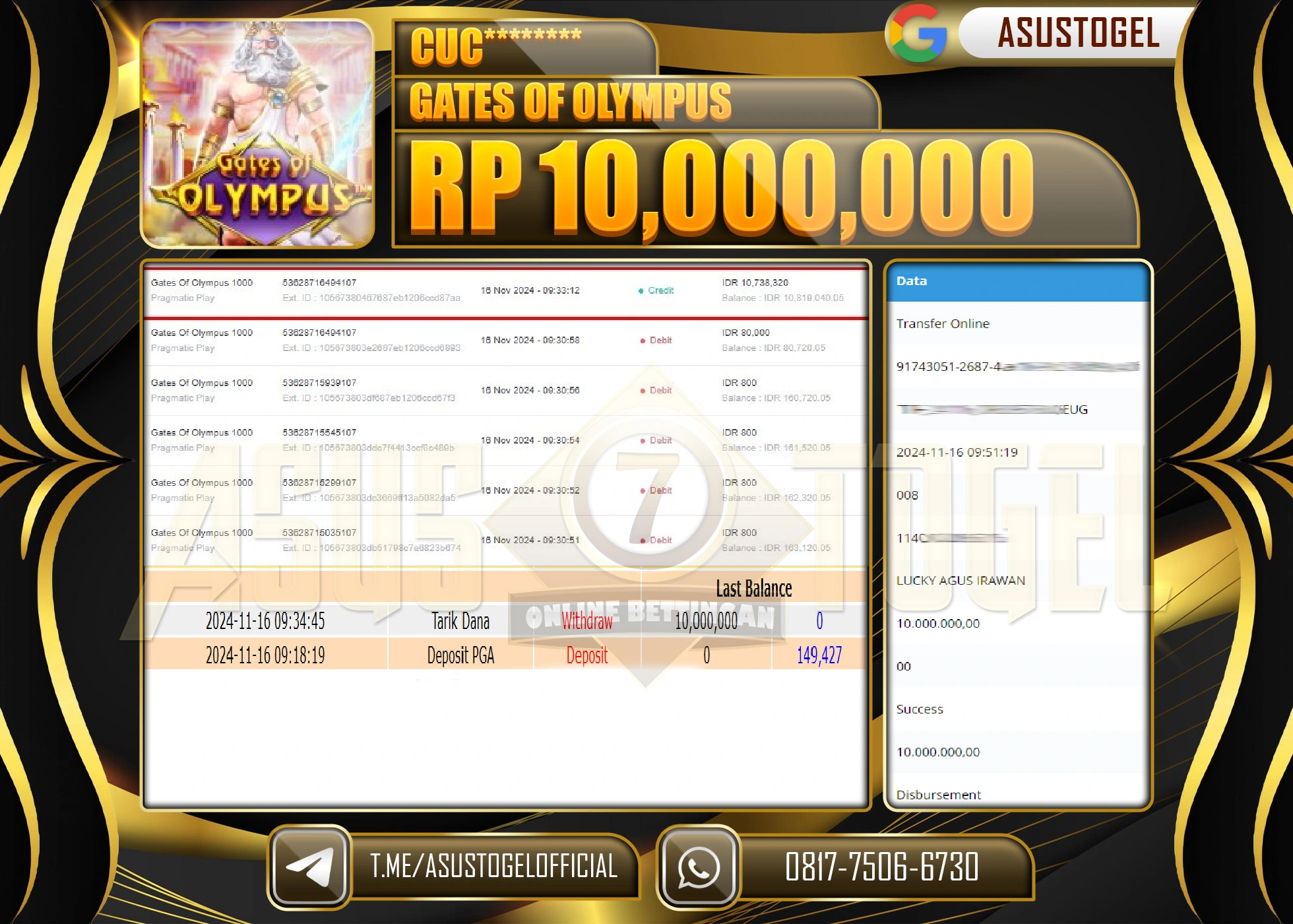 ASUSTOGEL KEMENANGAN DI GAMES SLOT GATES OF OLYMPUS  SEBESAR 10,000,000- RUPIAH LUNAS