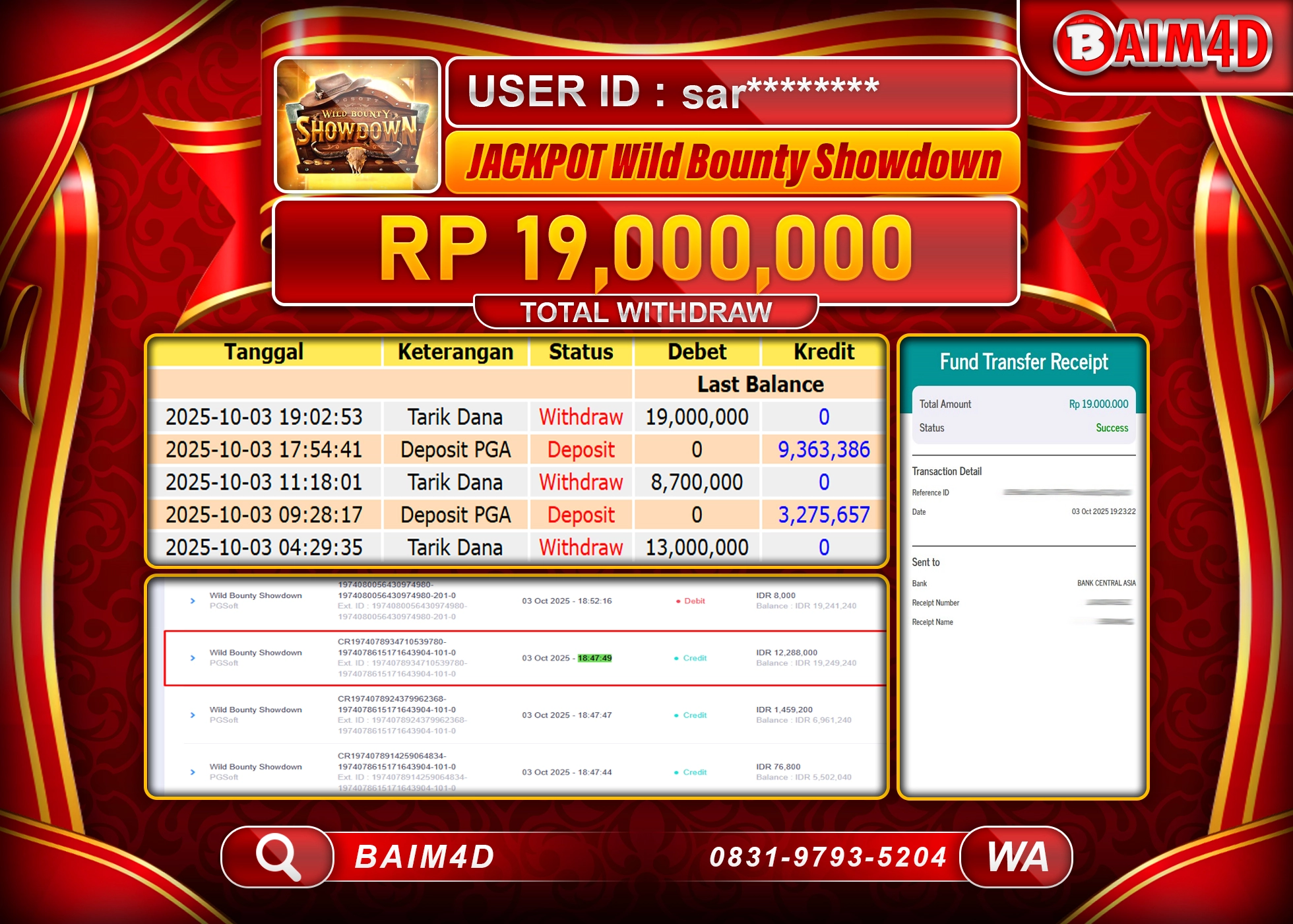 BAIM4D JACKPOT SLOT WILD BOUNTY SHOWDOWN Rp.19,000,000.- LUNAS