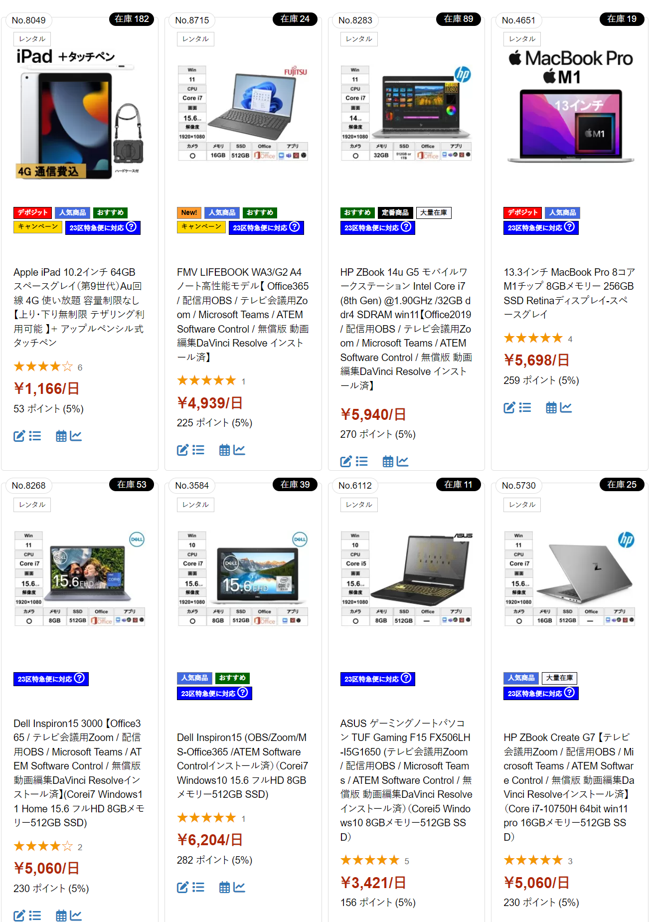 iPad（第9世代）の4G通信セット、M1チップ搭載のMacBook Pro、富士通・HP・DELL・ASUSなどのCore i7搭載ノートPCが、1日あたりのレンタル料金や在庫数とともに8種類並んでいる。