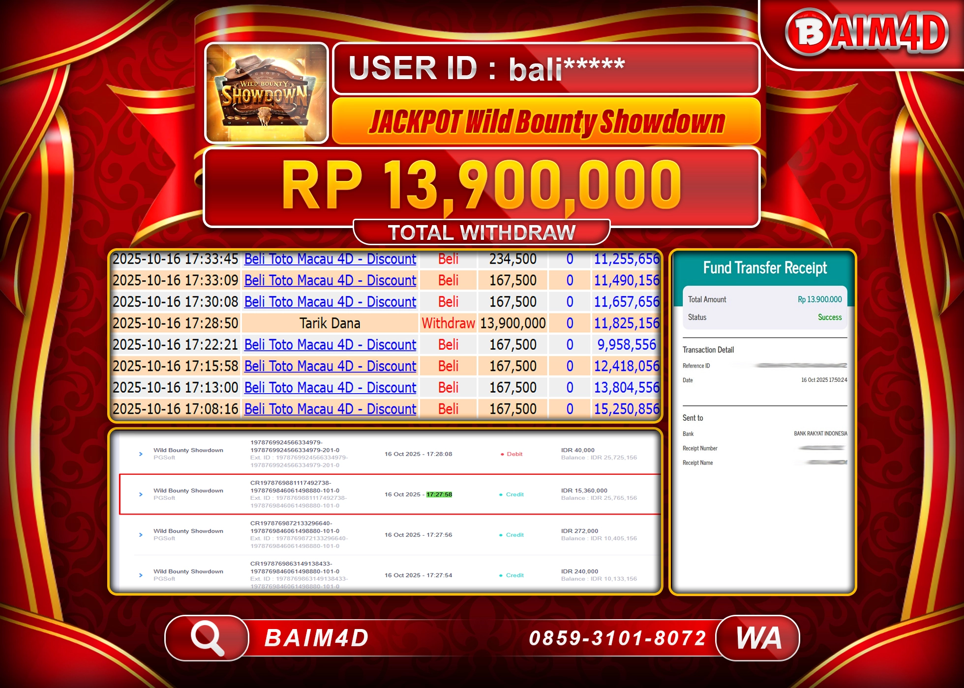 BAIM4D JACKPOT SLOT WILD BOUNTY SHOWDOWN Rp.13,900,000.- LUNAS