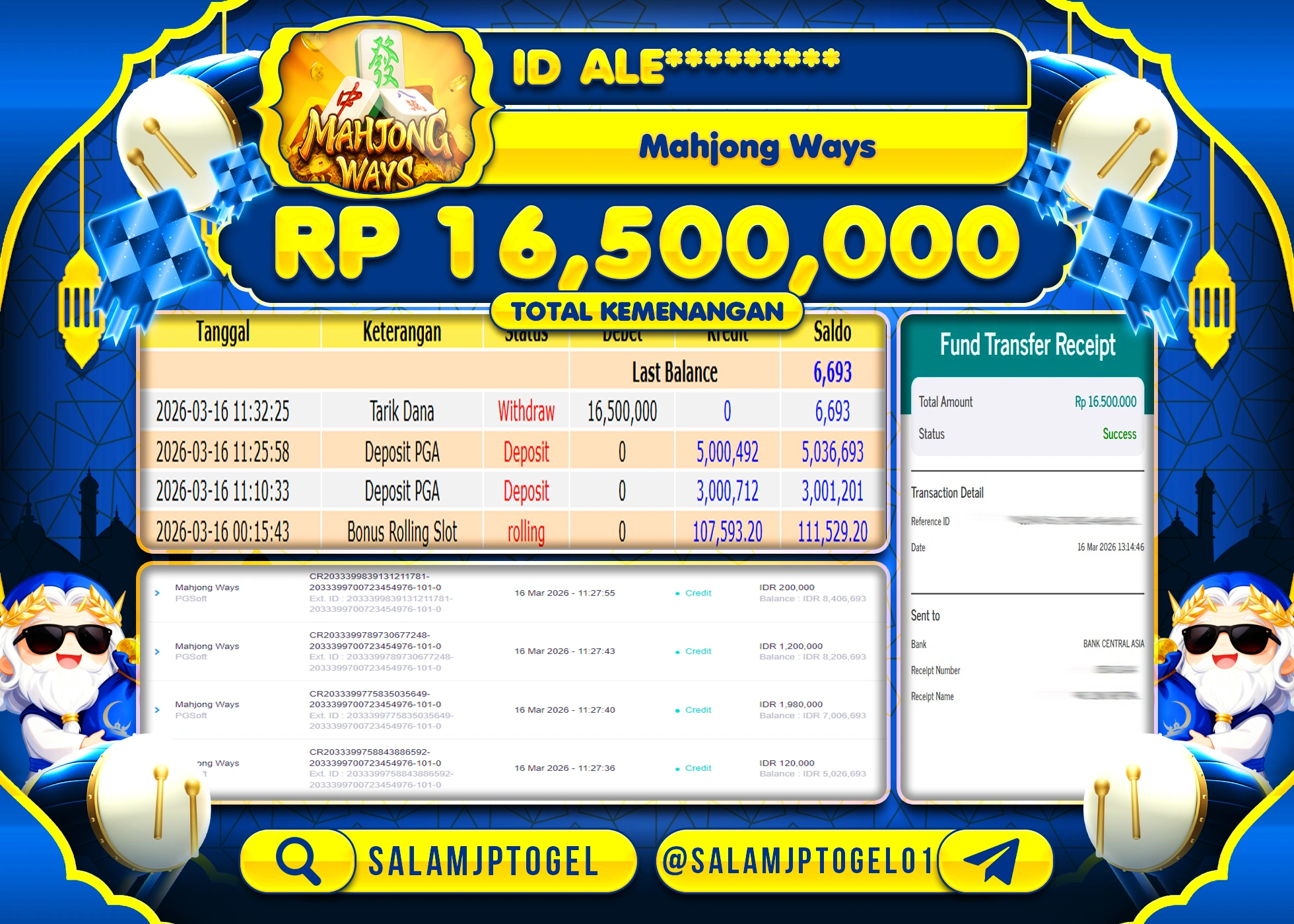SALAMJPTOGEL MENANG JACKPOT SLOT MAHJONG WAYS (PGSOFT) Rp.16,500,000 - LUNAS