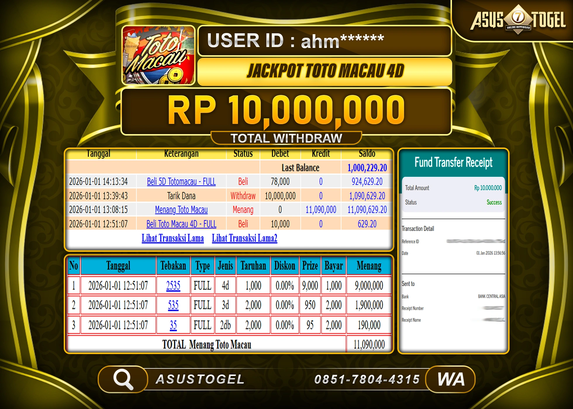 ASUSTOGEL KEMENANGAN DI TOGEL TOTO MACAU 4D SEBESAR 10,000,000 - RUPIAH LUNAS