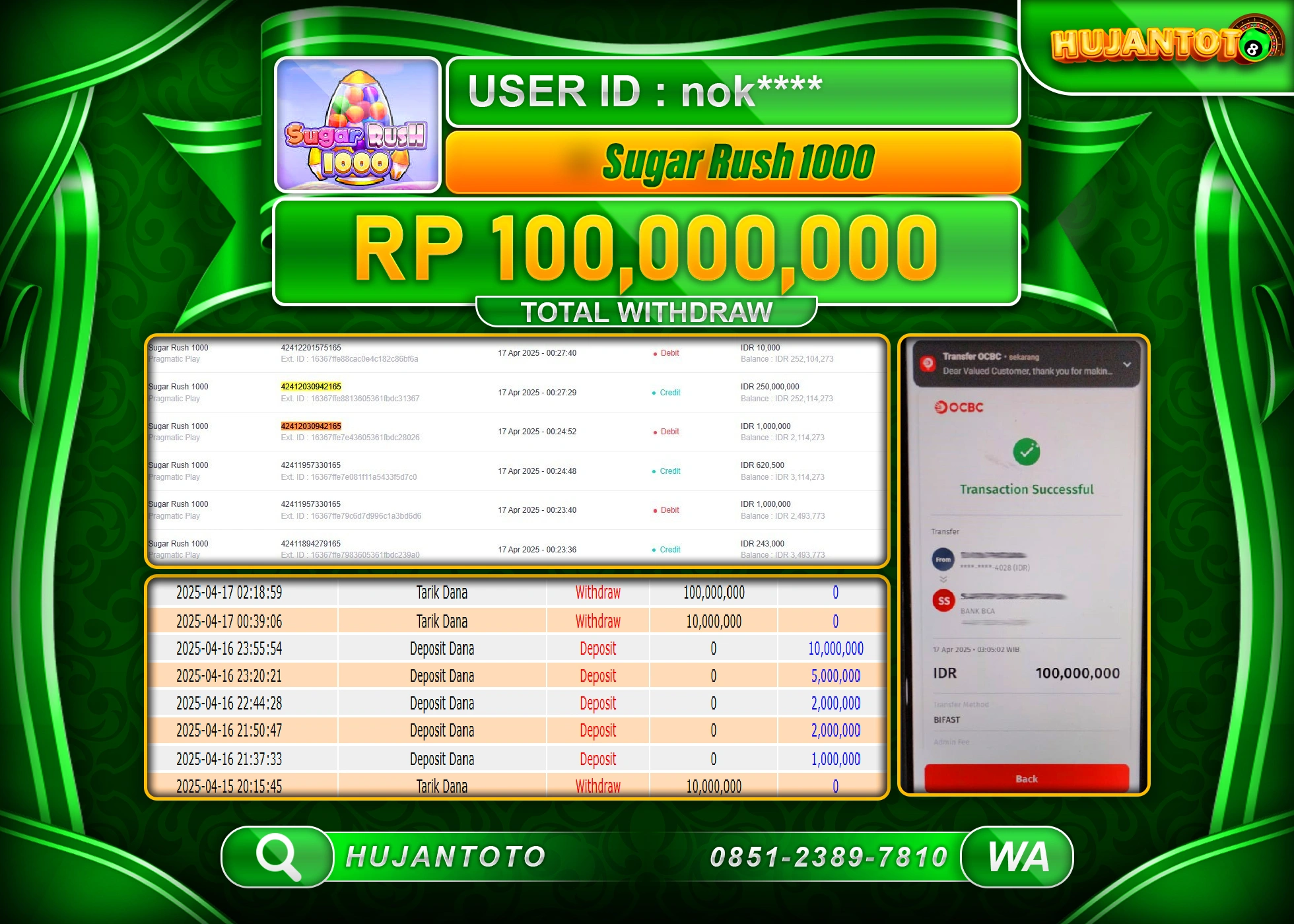 HUJANTOTO - BUKTI JACKPOT MENANG SLOT SUGAR RUSH 1000 Rp,100,000,000 - TERBAYAR LUNAS