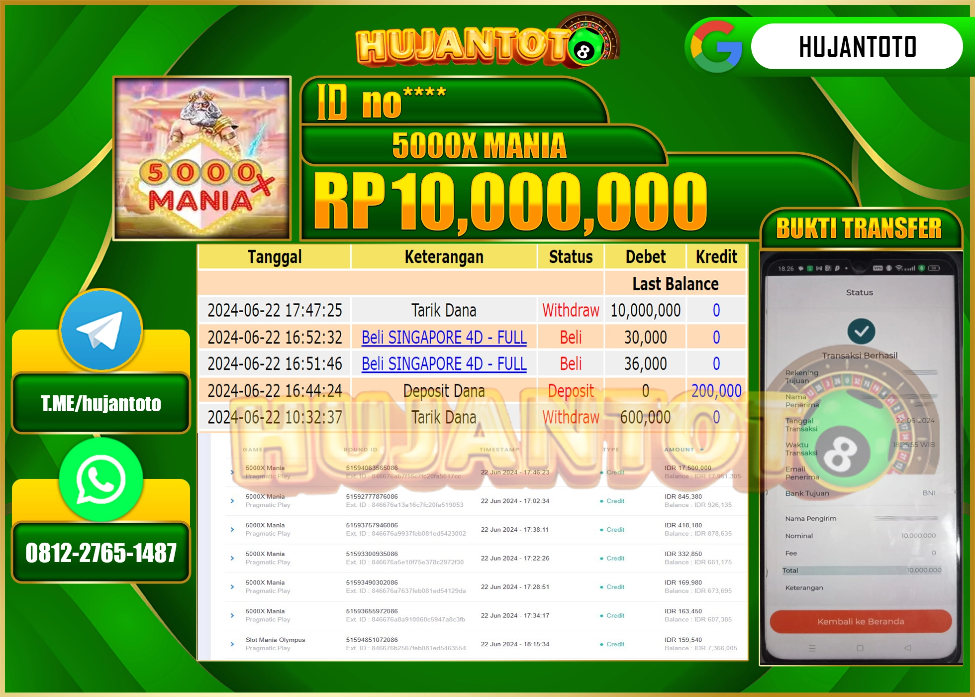 HUJANTOTO MENANG SLOT 5000X MANIA WD 10,000,000 - LUNAS 