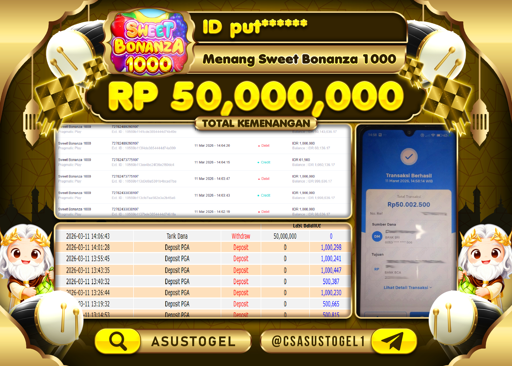 ASUSTOGEL KEMENANGAN DI SWEET BONANZA 1000 PRAGMATIC  SEBESAR 50,000,000 - RUPIAH LUNAS