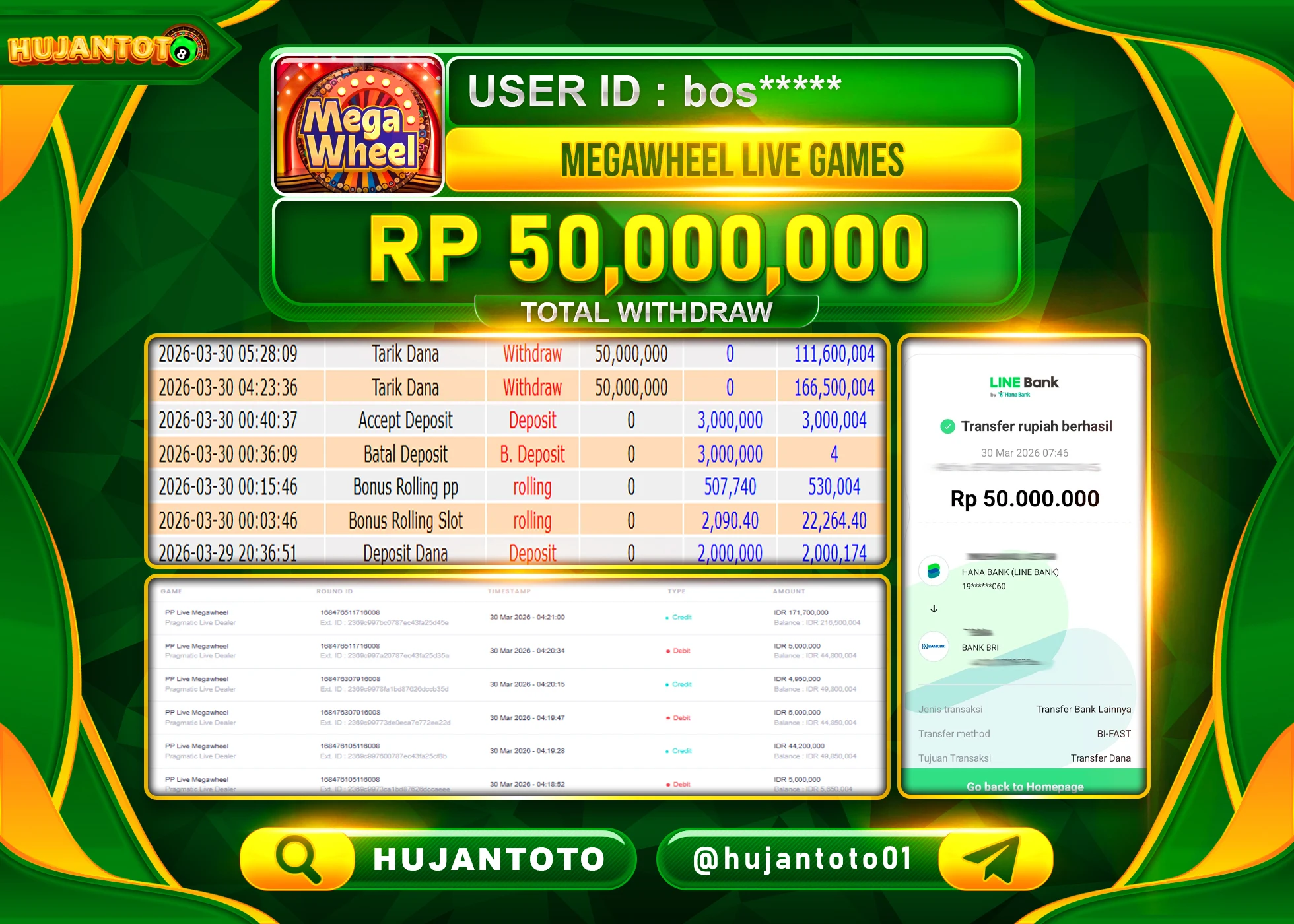 HUJANTOTO - BUKTI JACKPOT MENANG LIVEGAMES  MEGAWHEEL  Rp.50,000,000 - TERBAYAR LUNAS