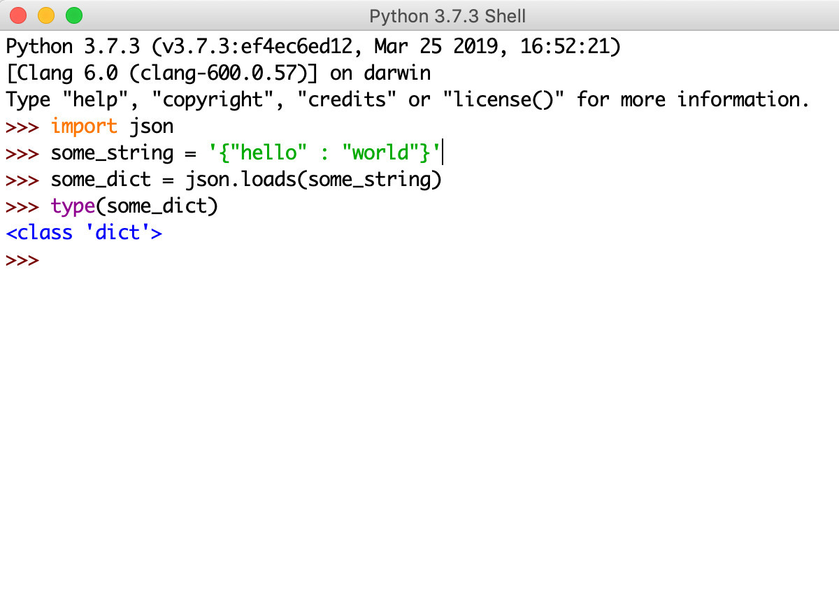 Screenshot of Python's IDLE using the json.loads() method