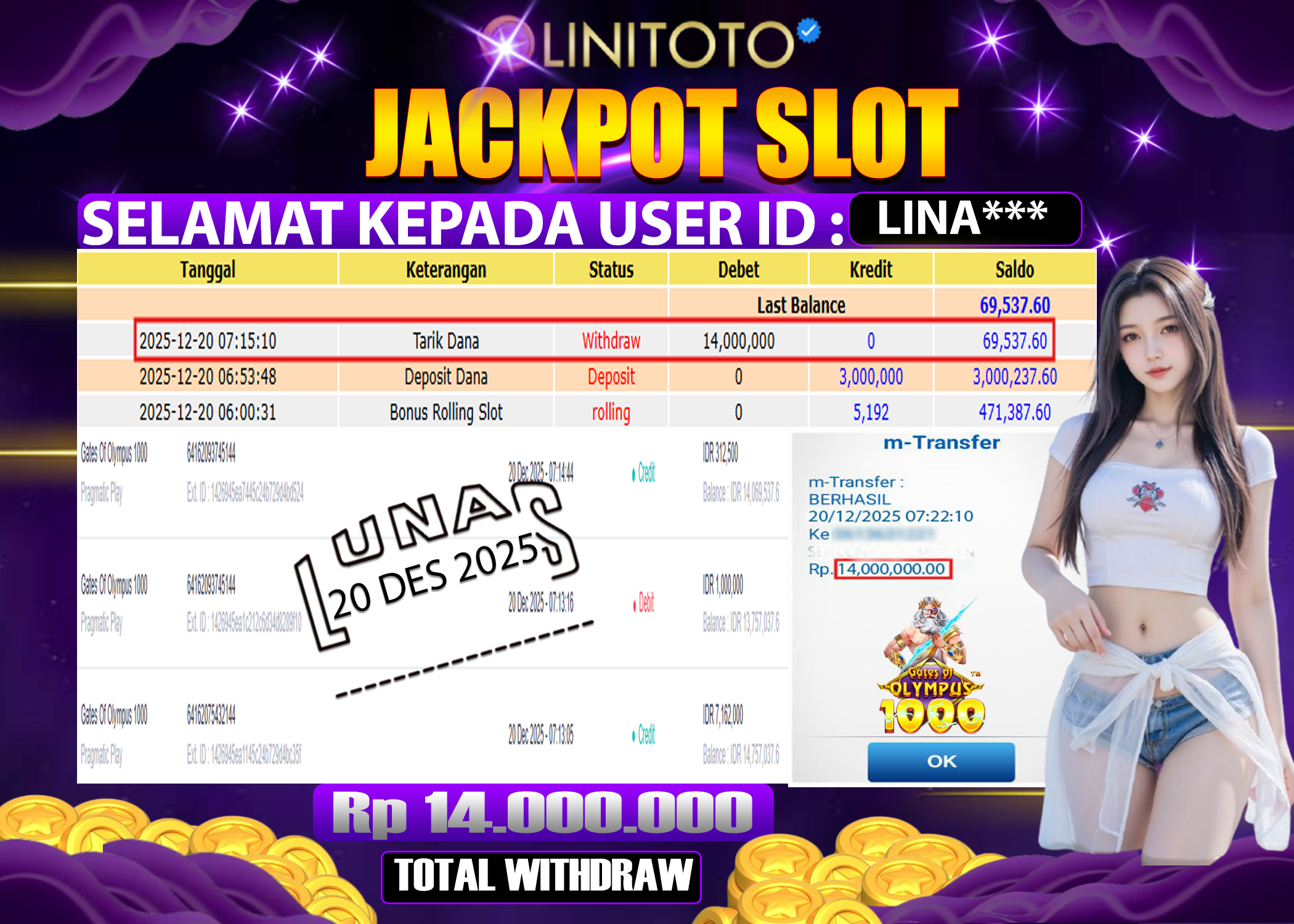 LINITOTO JACKPOT SLOT Gates Of Olympus 1000 Rp.14,000,000 - LUNAS