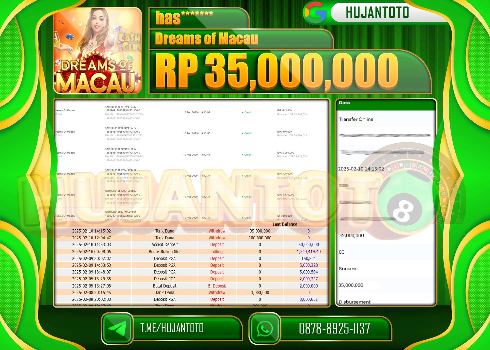 HUJANTOTO - BUKTI JACKPOT MENANG SLOT DREAM OF MACAU Rp,35,000,000 - TERBAYAR LUNAS