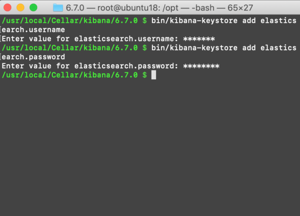 Screenshot creating an Elasticsearch username and password for the Kibana Keystore