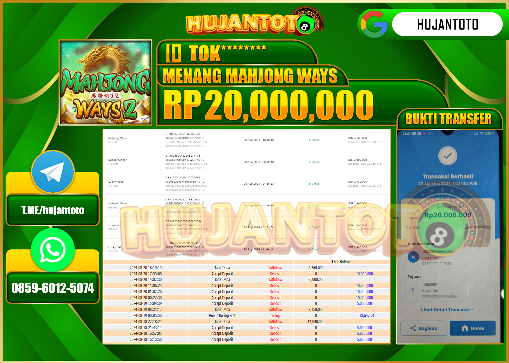 HUJANTOTO MENANG BESAR DI PERMAINAN SLOT MAHJONG WAYS  20.000.000 - LUNAS 
