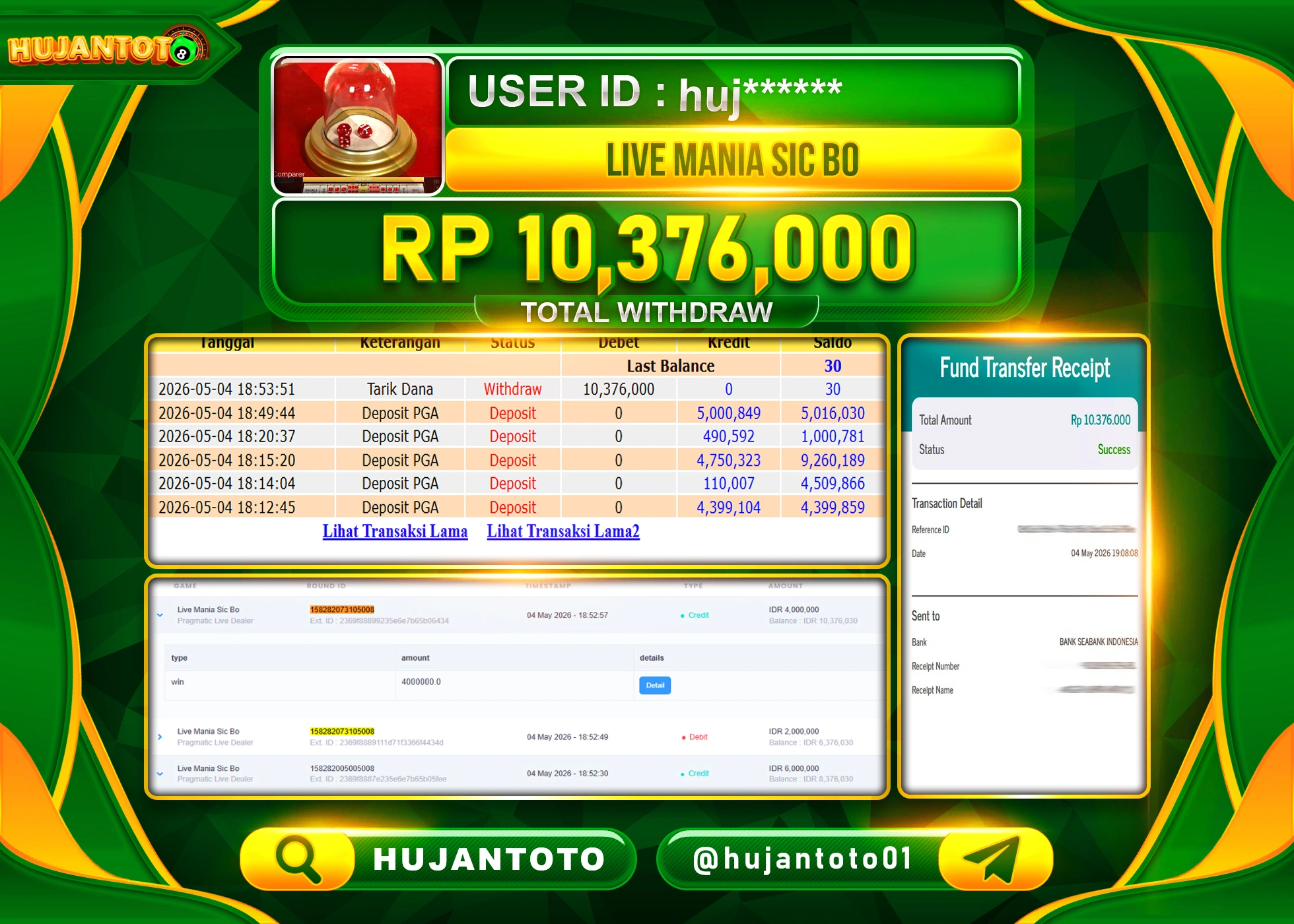 HUJANTOTO - BUKTI JACKPOT MENANG LIVEGAME MANIA SICBO Rp.10,376,000 - TERBAYAR LUNAS