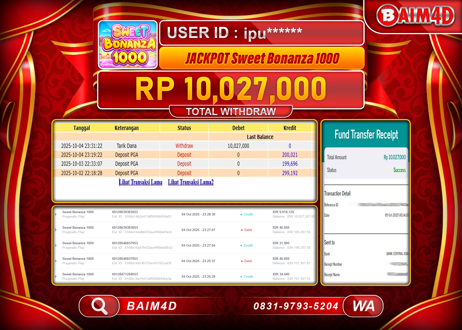 BAIM4D JACKPOT SLOT SWEET BONANZA 1000 Rp.10,027,000.- LUNAS