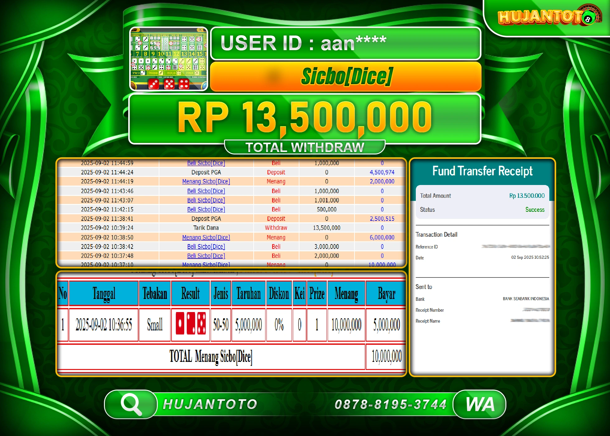 HUJANTOTO - BUKTI JACKPOT MENANG LIVE GAMES SICBO DICE Rp.13,500,000 - TERBAYAR LUNAS