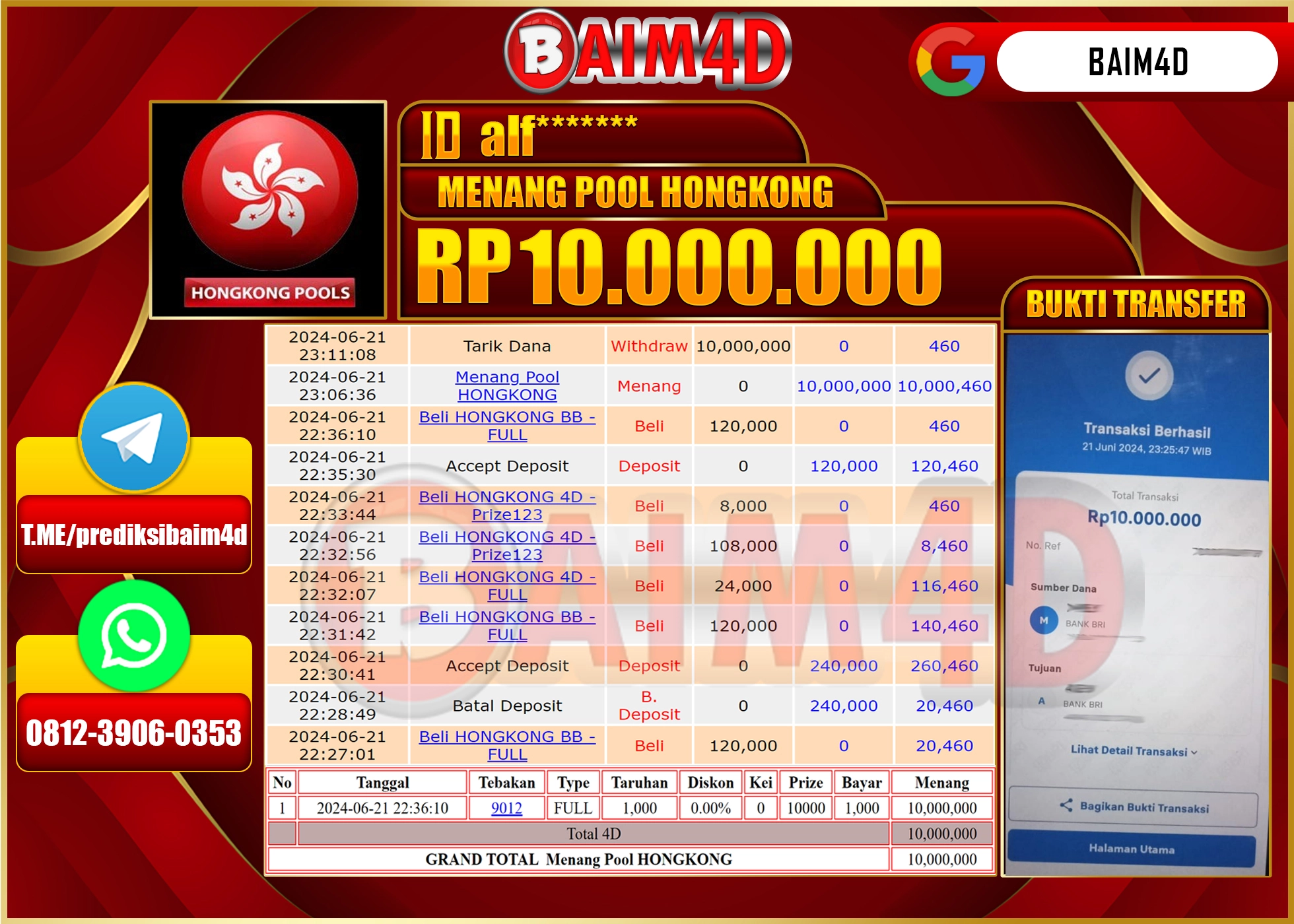 BAIM4D JACKPOT POOLS HONGKONG Rp.10,000,000.- LUNAS
