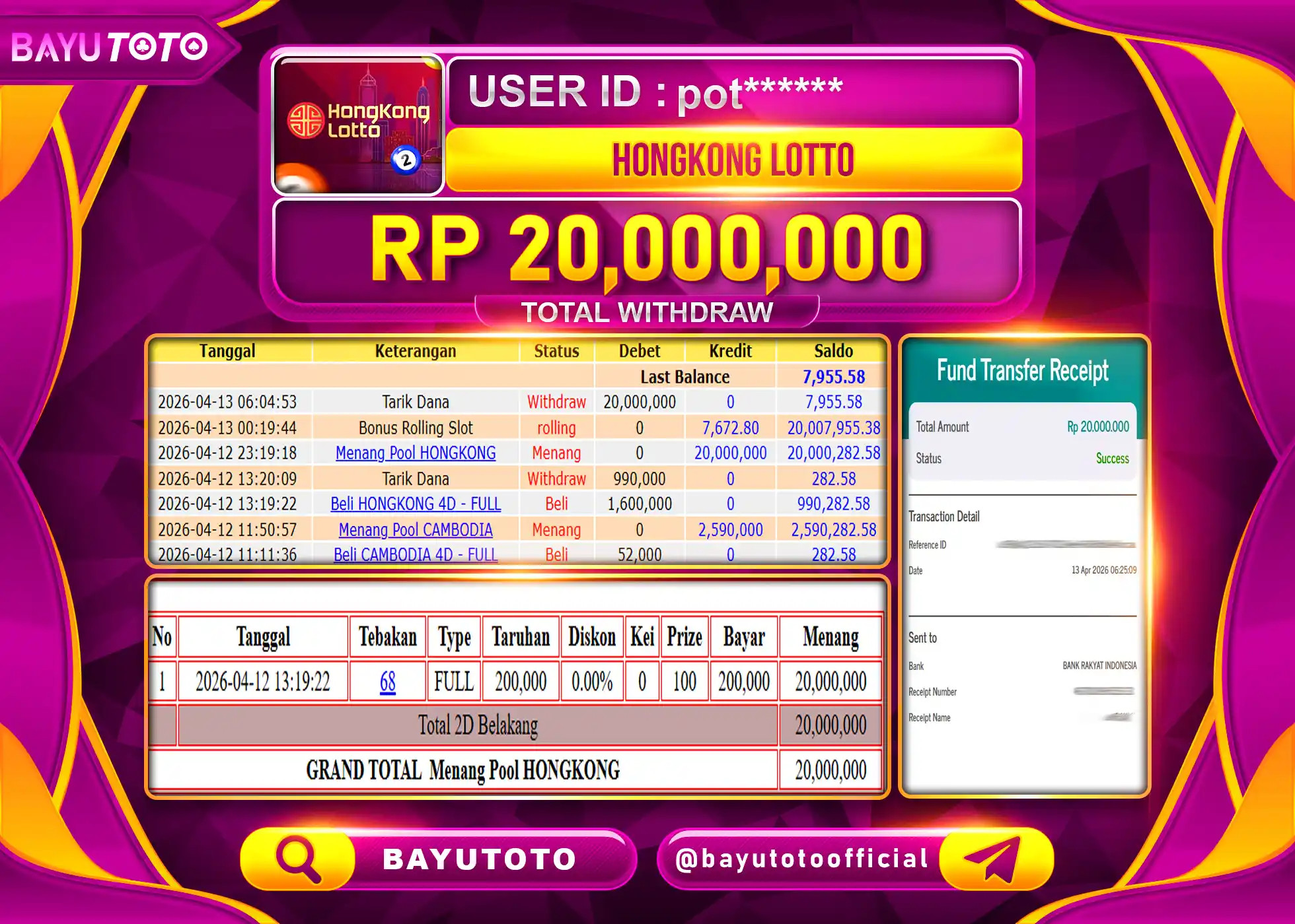 SELAMAT MEMBER BAYUTOTO JACKPOT DI TOGEL HONGKONG LOTTO Rp. 20,000,000 LUNAS