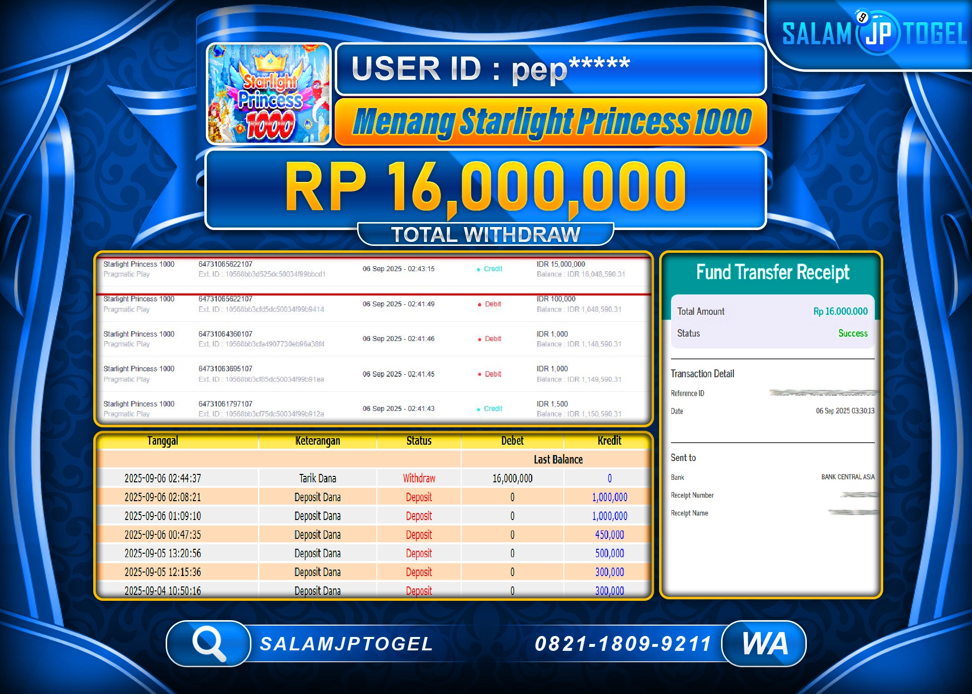 SALAMJPTOGEL MENANG STARLIGHT PRINCESS 1000  Rp.16,000,000
