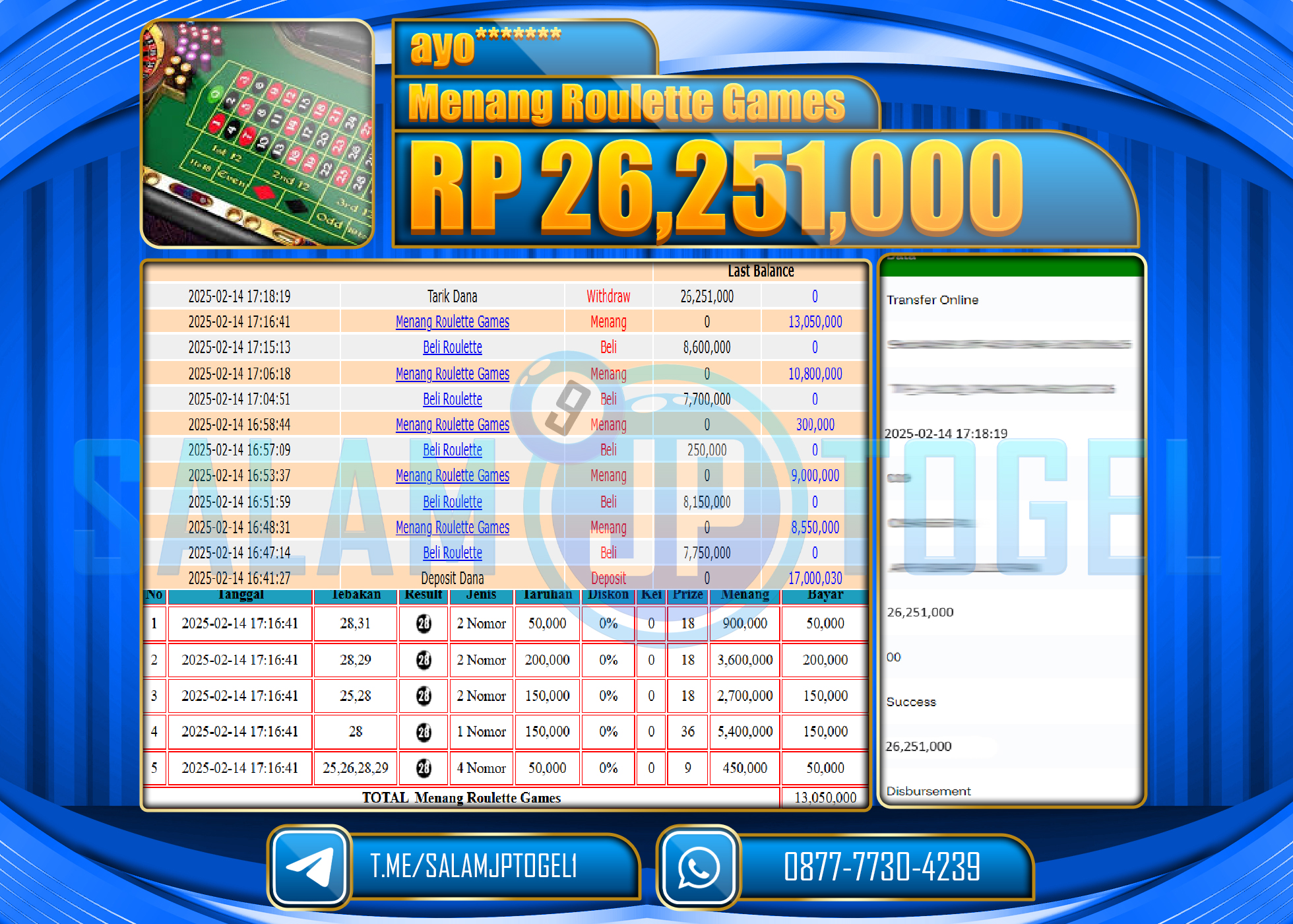 SALAMJPTOGEL MENANG ROULETTE GAMES Rp. 26,251,000 LUNAS