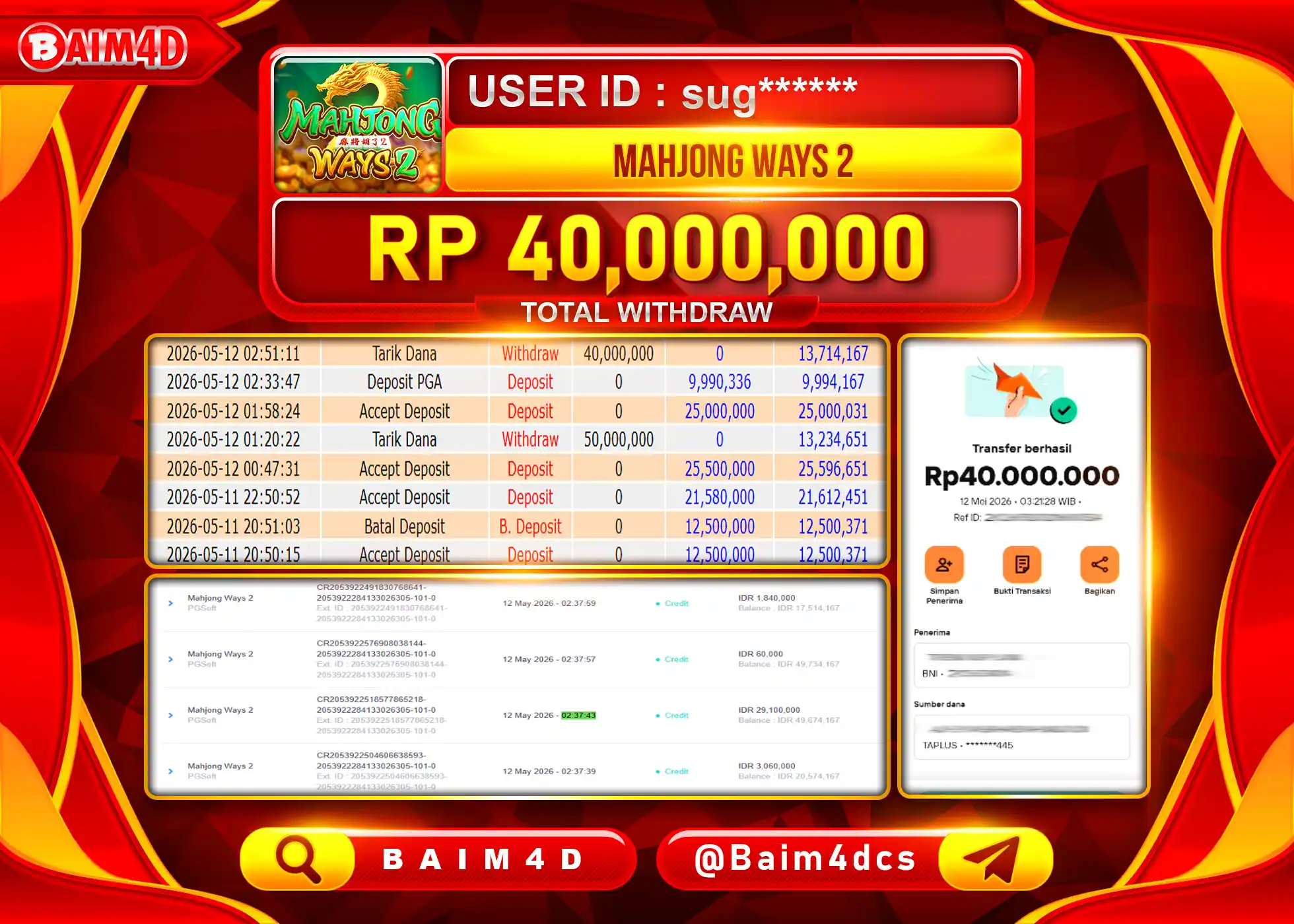 BAIM4D JACKPOT SLOT MAHJONG WAYS 2 Rp.40.000.000 - LUNAS