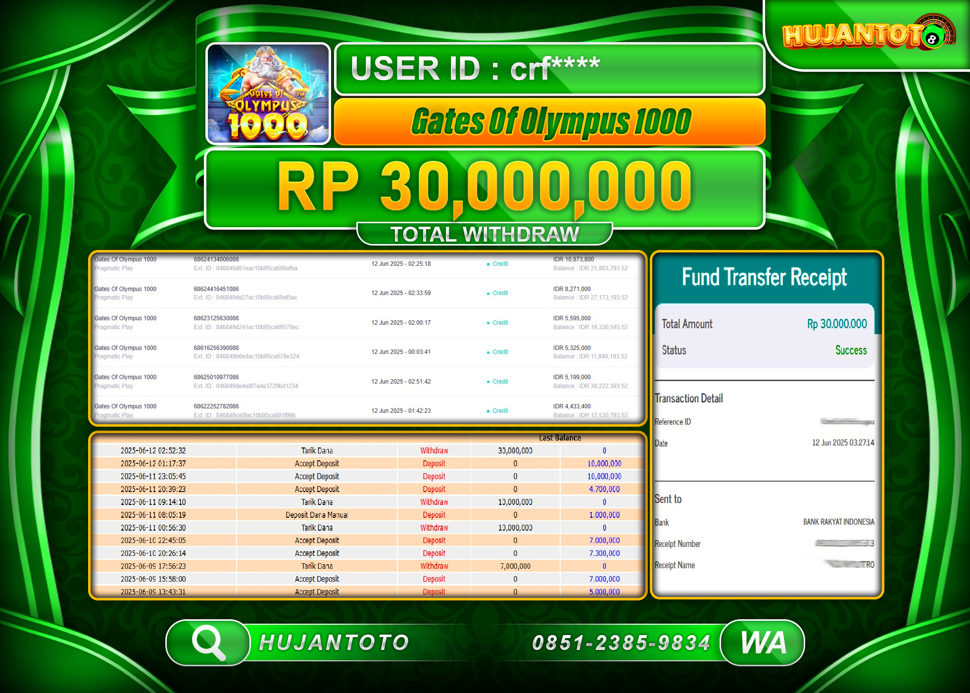 HUJANTOTO - BUKTI JACKPOT MENANG SLOT GATES OF OLYMPUS 1000 Rp.30,000,000  - TERBAYAR LUNAS